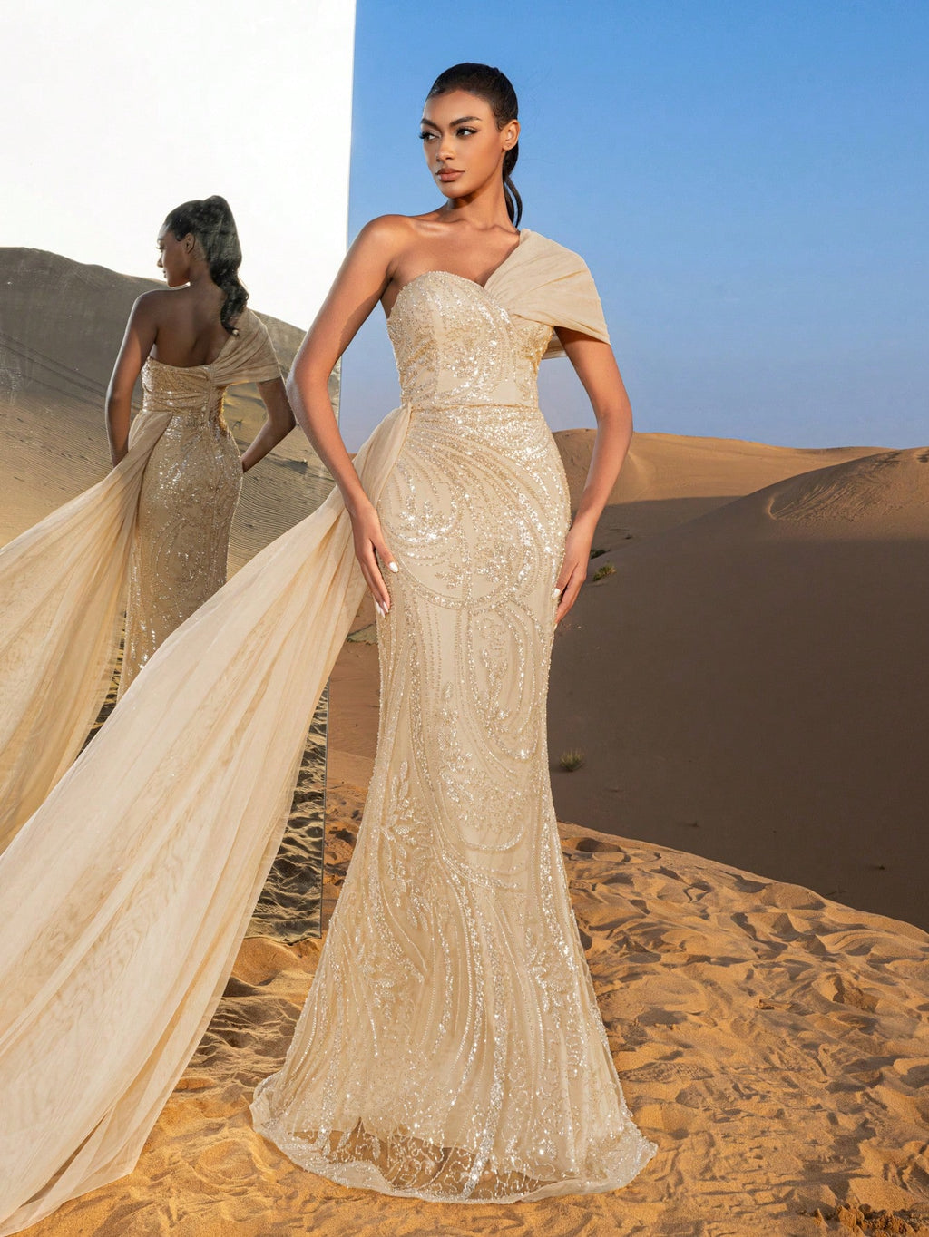 Gorgeous One Shoulder Mermaid Hem Graphic Beaded Formal Dresses & Evening Gowns
