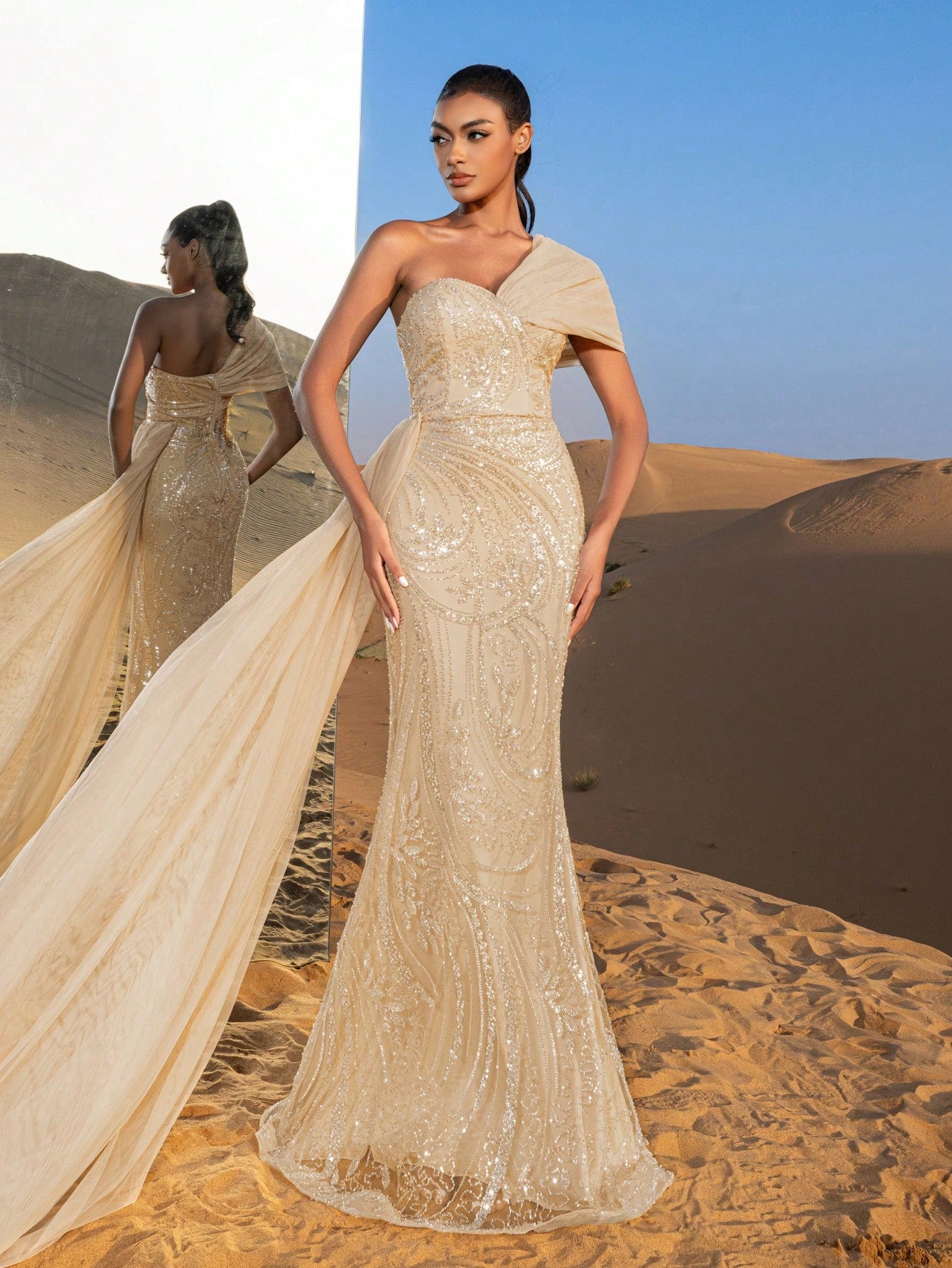 Gorgeous One Shoulder Mermaid Hem Graphic Beaded Formal Dresses & Evening Gowns