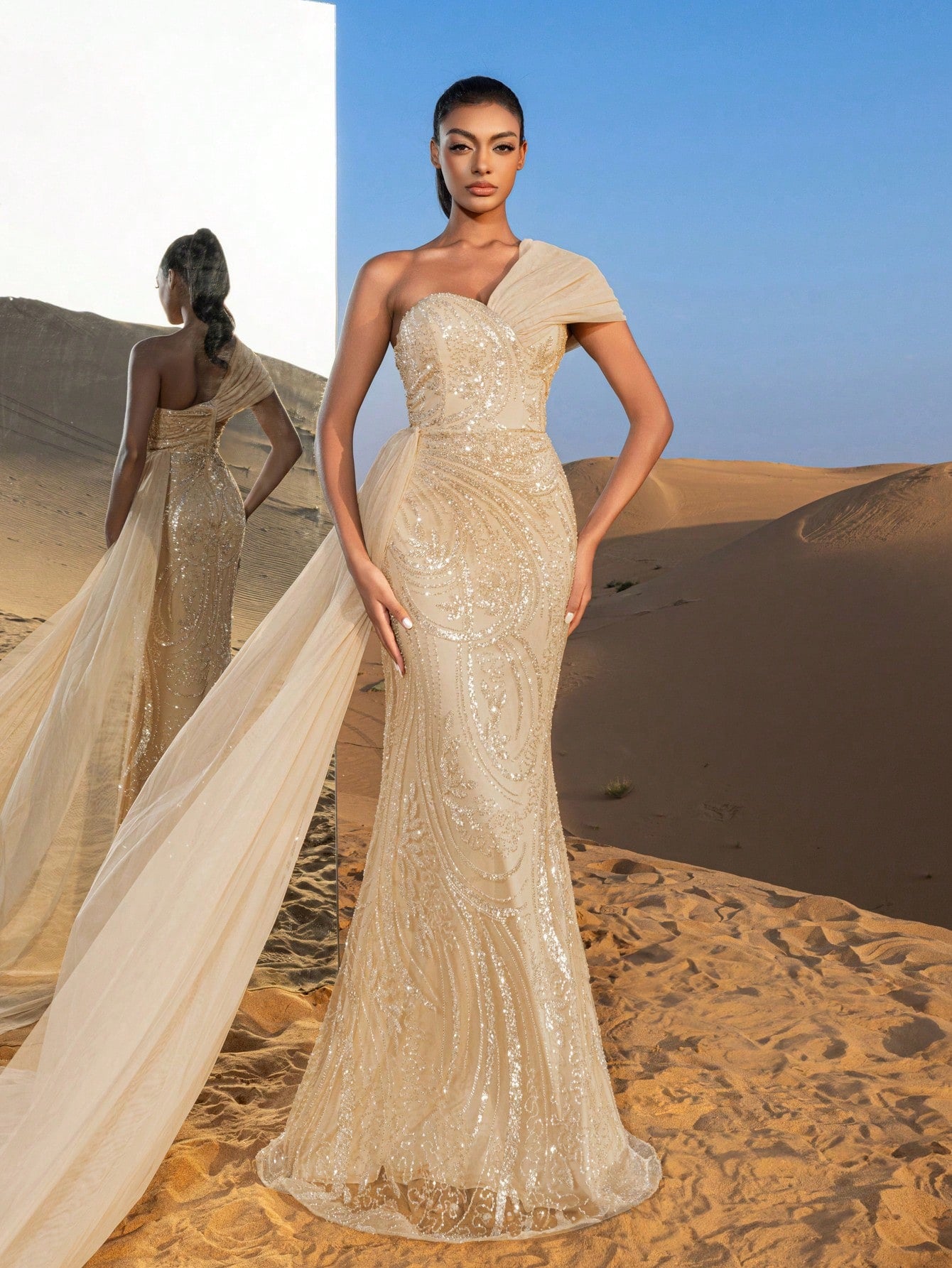 Gorgeous One Shoulder Mermaid Hem Graphic Beaded Formal Dresses & Evening Gowns