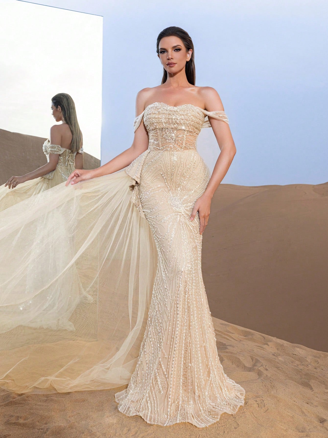 Luxury Beaded Off-Shoulder Mermaid Evening Gown with Draped Side Detail and Flowing Train