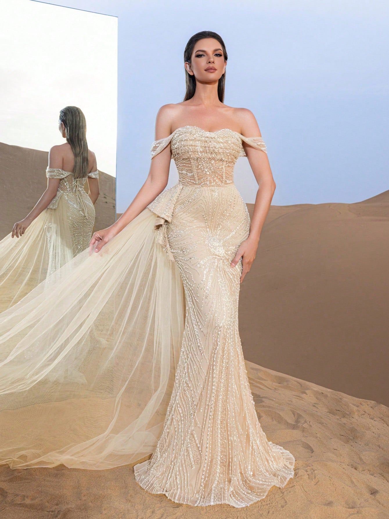 Luxury Beaded Off-Shoulder Mermaid Evening Gown with Draped Side Detail and Flowing Train