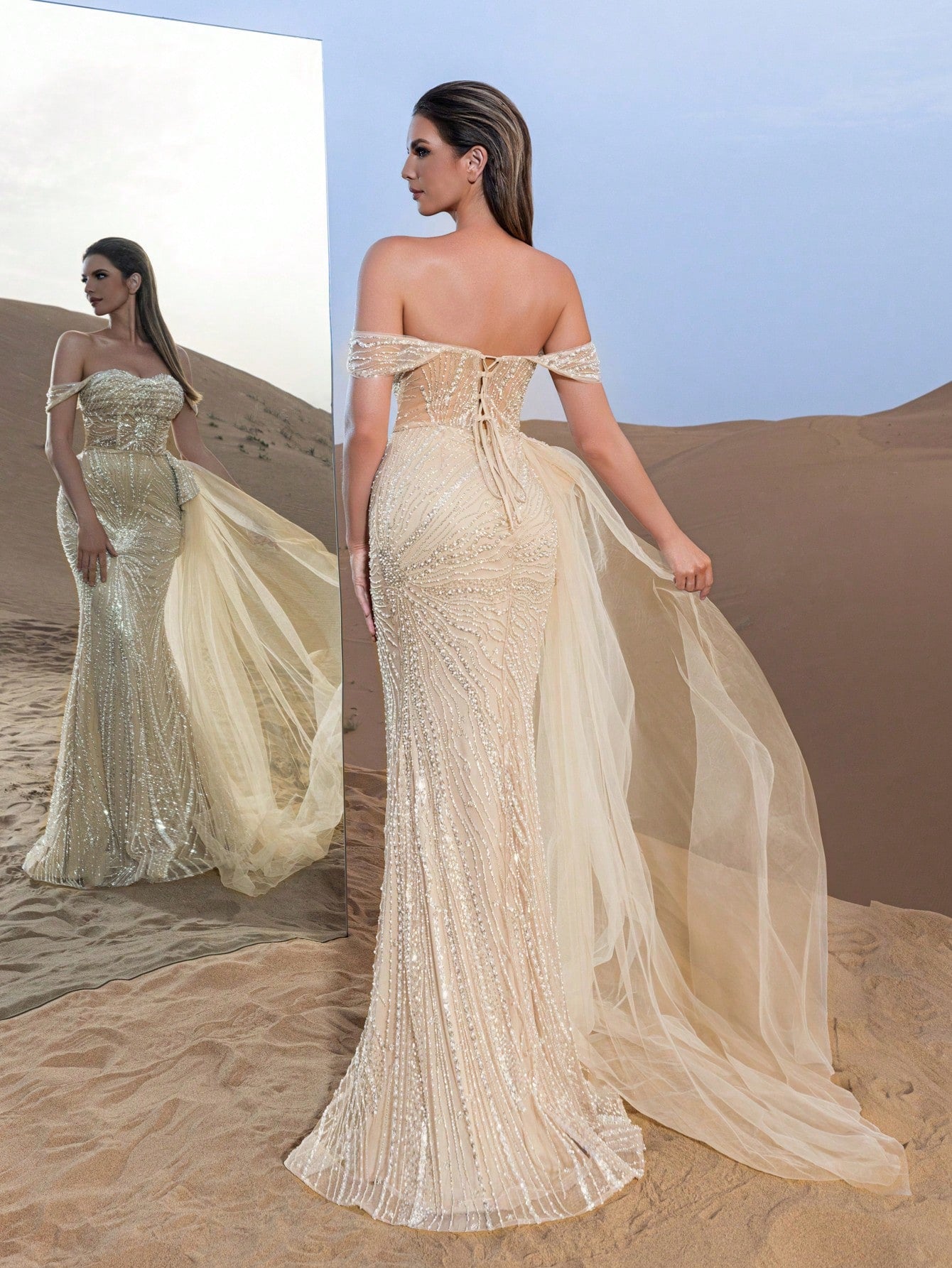 Luxury Beaded Off-Shoulder Mermaid Evening Gown with Draped Side Detail and Flowing Train