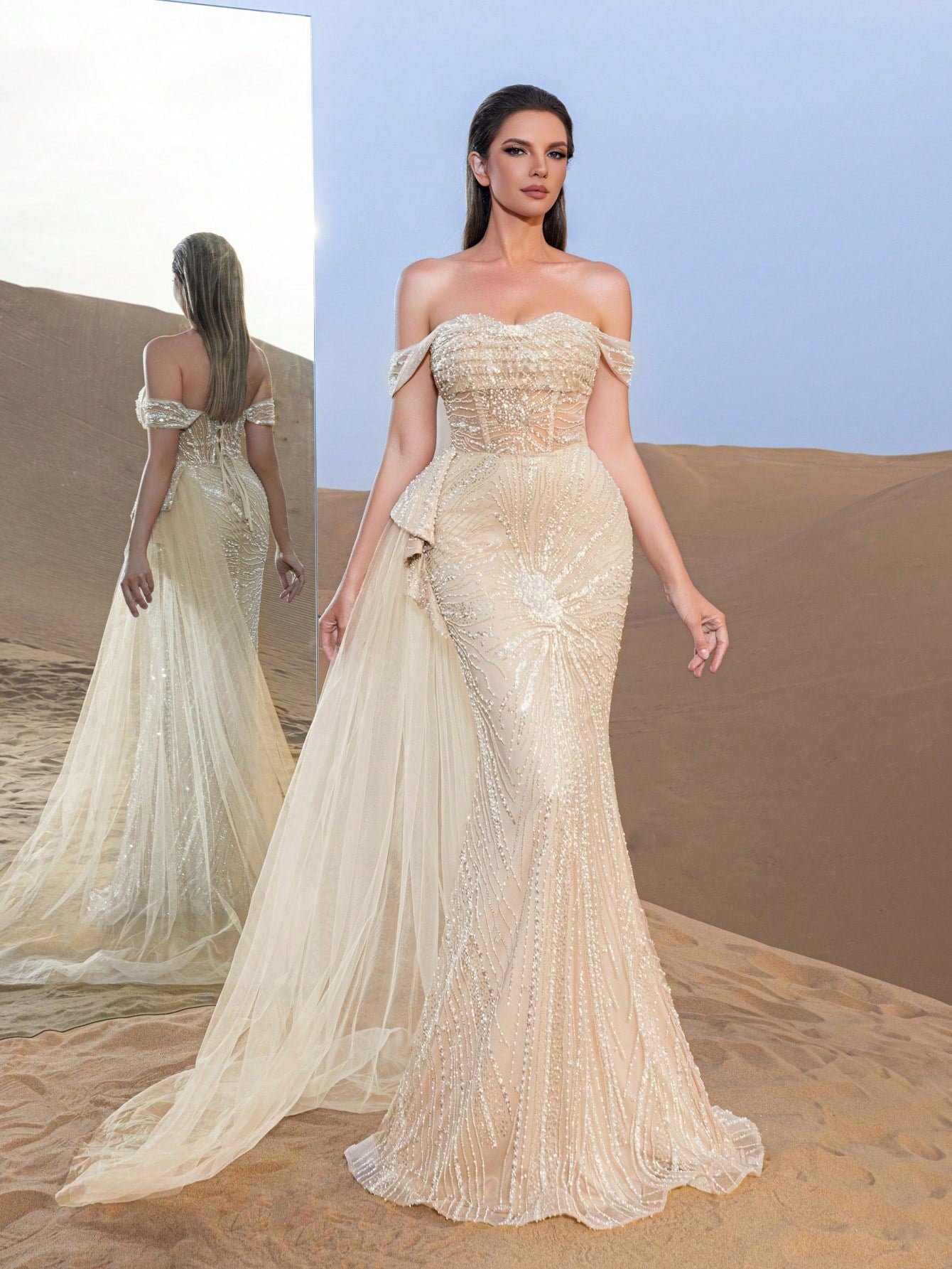 Luxury Beaded Off-Shoulder Mermaid Evening Gown with Draped Side Detail and Flowing Train