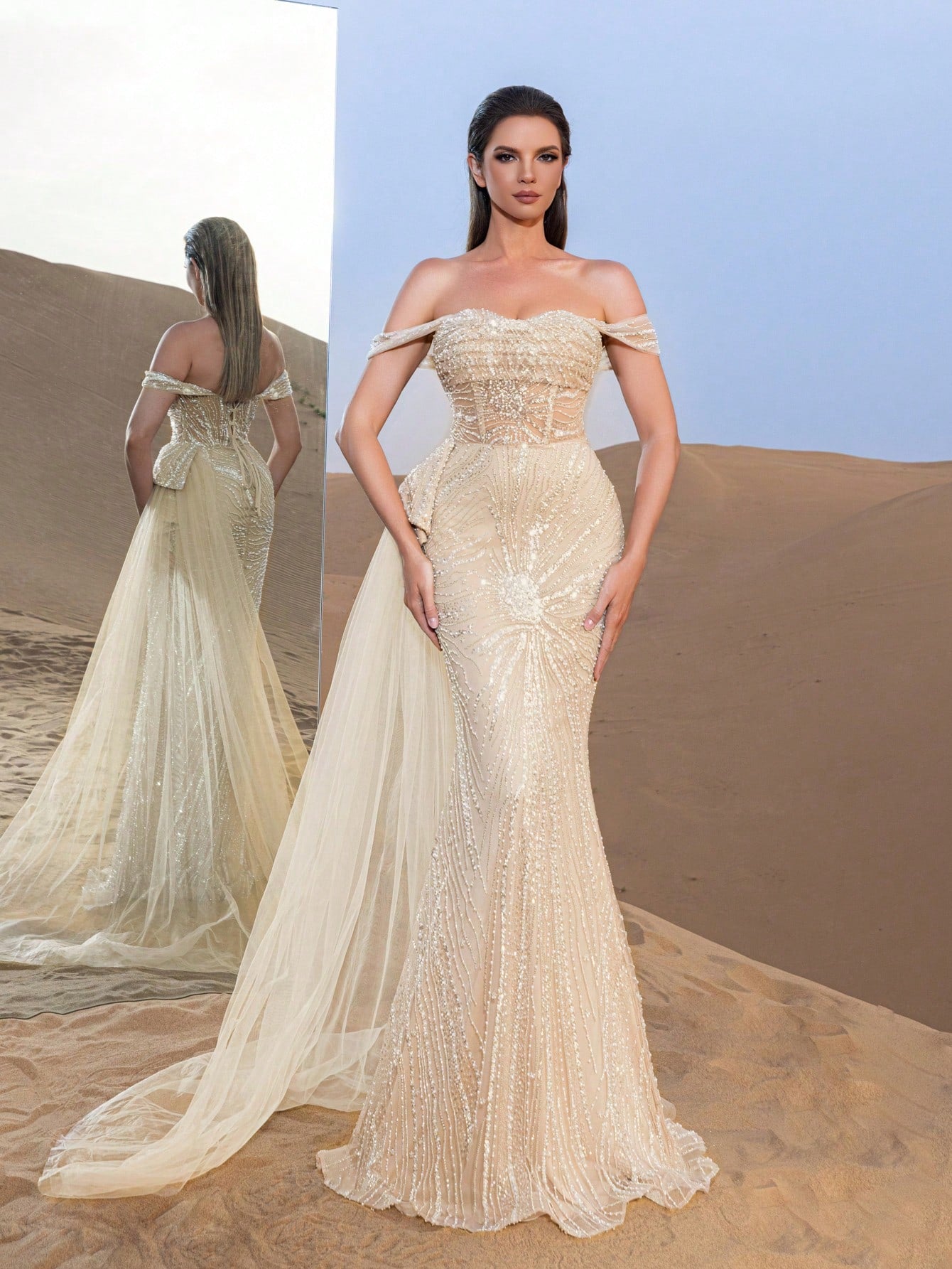 Luxury Beaded Off-Shoulder Mermaid Evening Gown with Draped Side Detail and Flowing Train