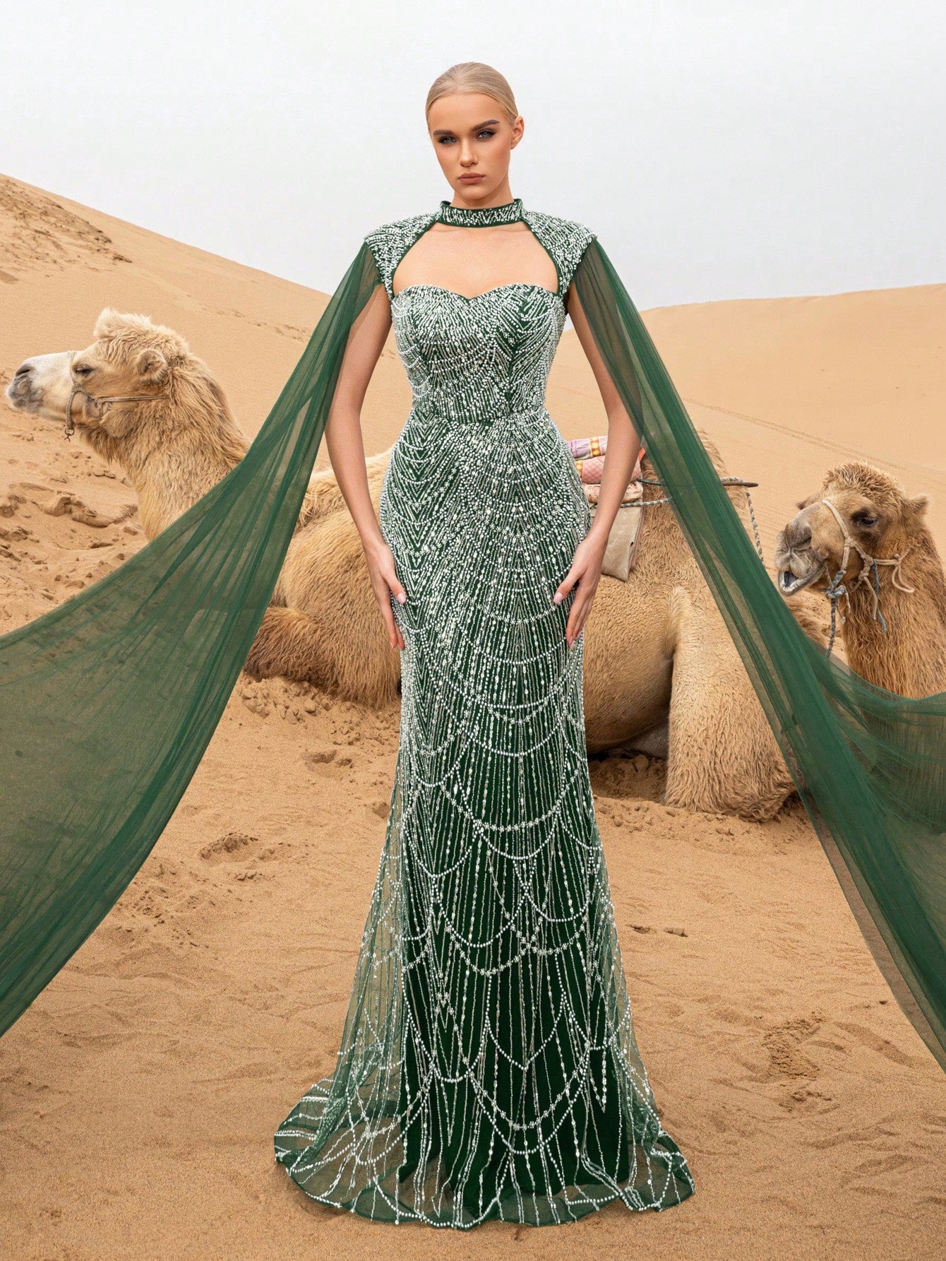 Choker Neck Backless Extra-Long Sleeves Beaded Formal Dresses & Evening Gowns Dress & Embellished Dress