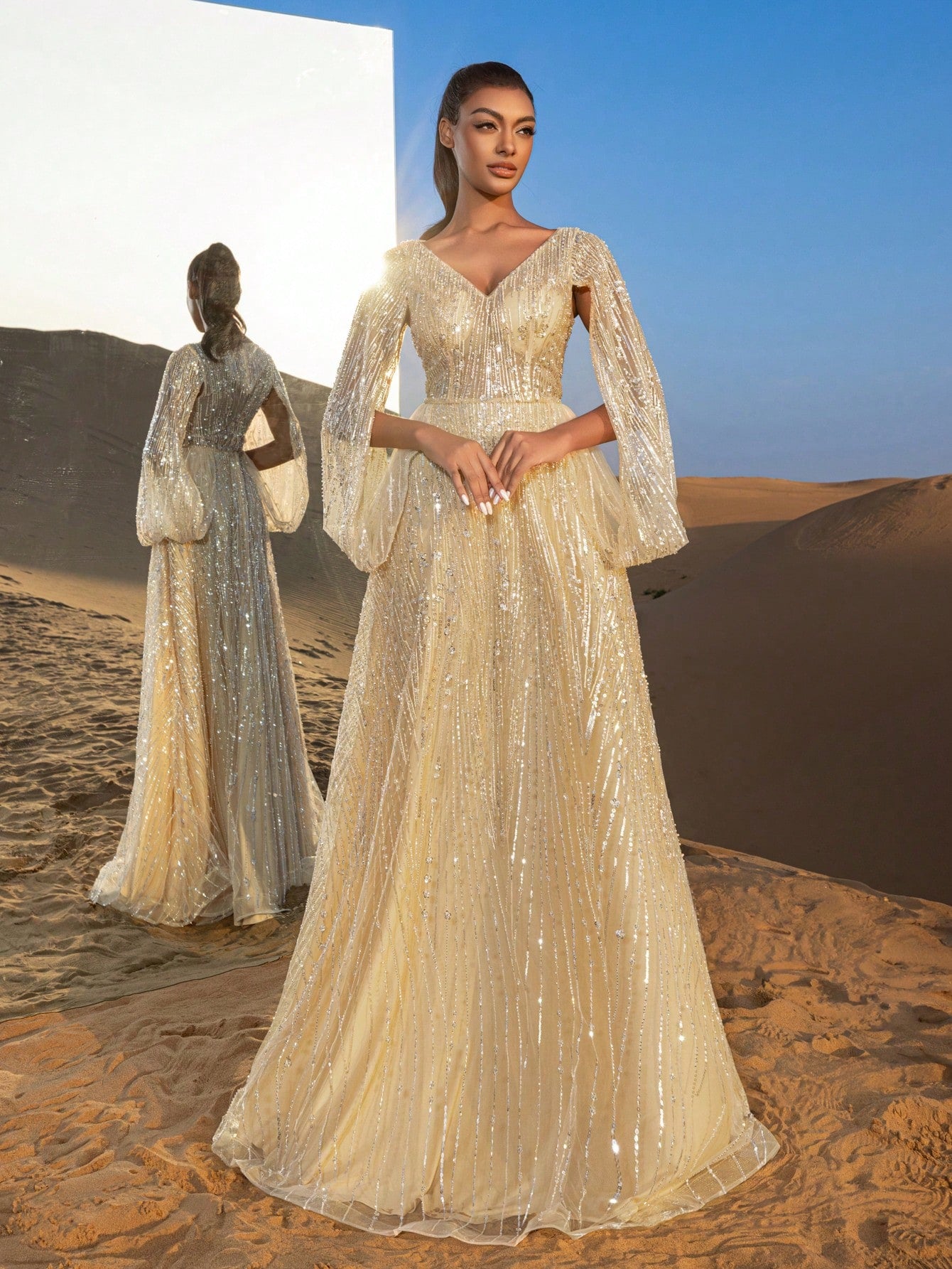 Gorgeous Plunging Neck Split Sleeves Beaded Formal Dresses & Evening Gowns