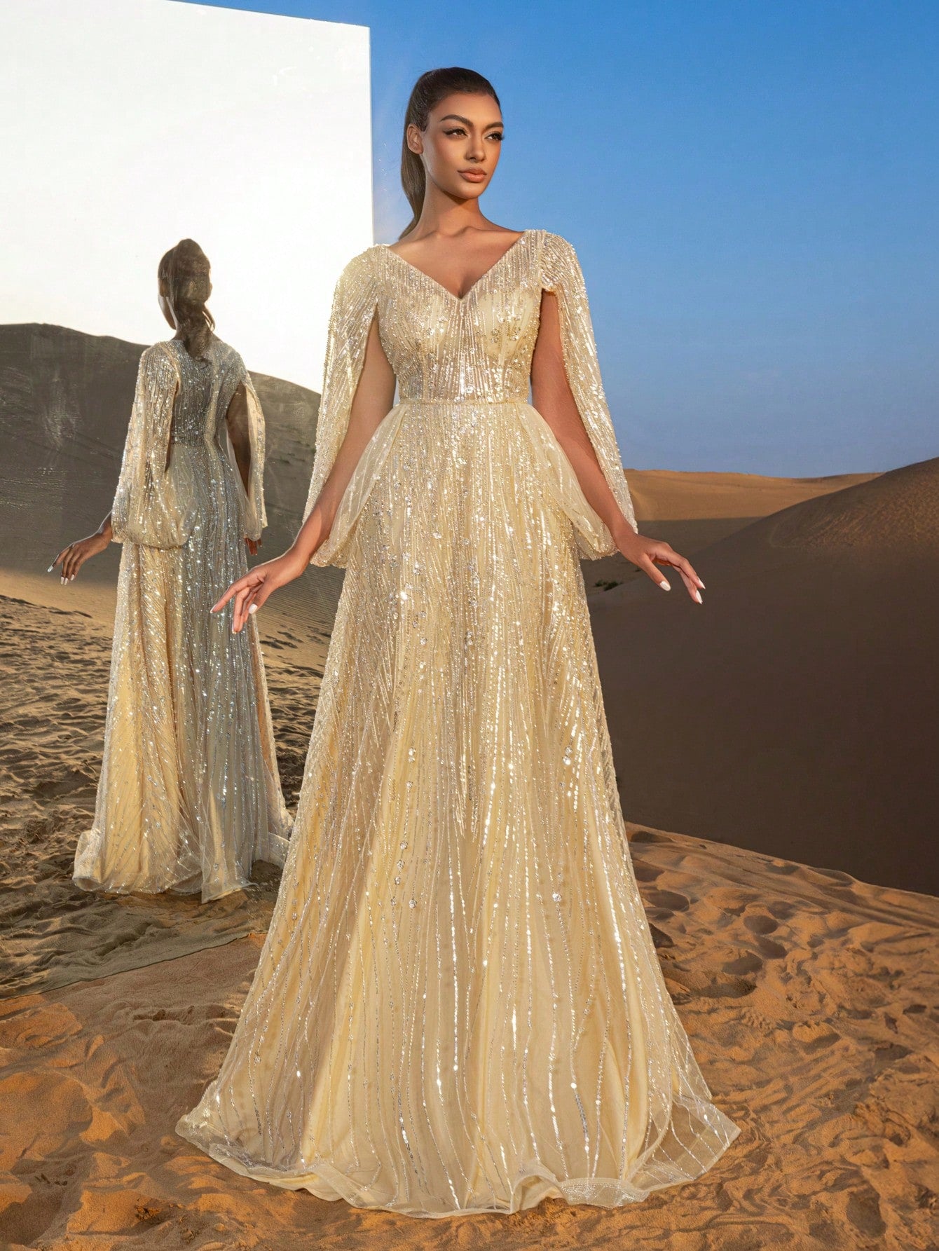 Gorgeous Plunging Neck Split Sleeves Beaded Formal Dresses & Evening Gowns