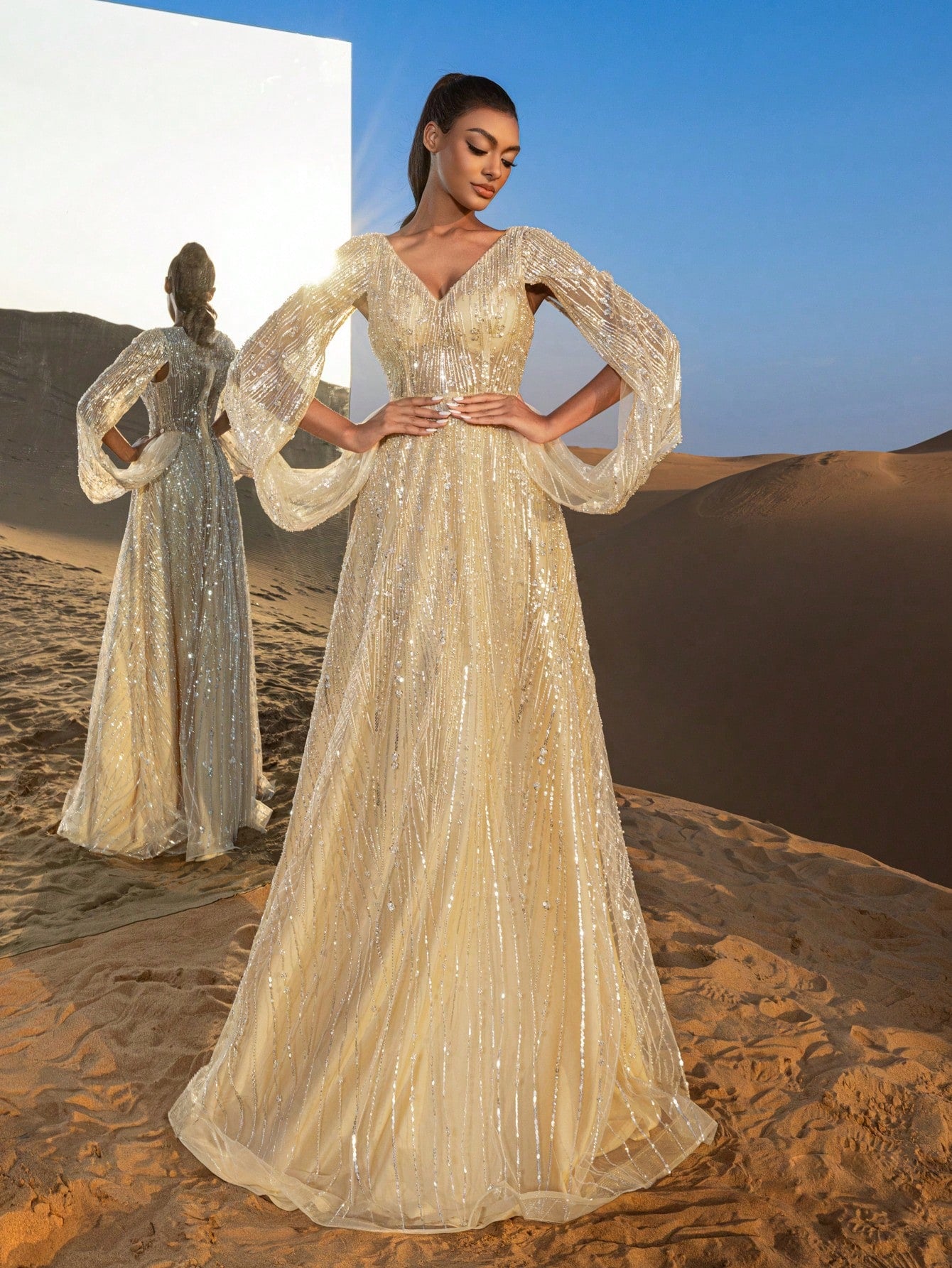 Gorgeous Plunging Neck Split Sleeves Beaded Formal Dresses & Evening Gowns