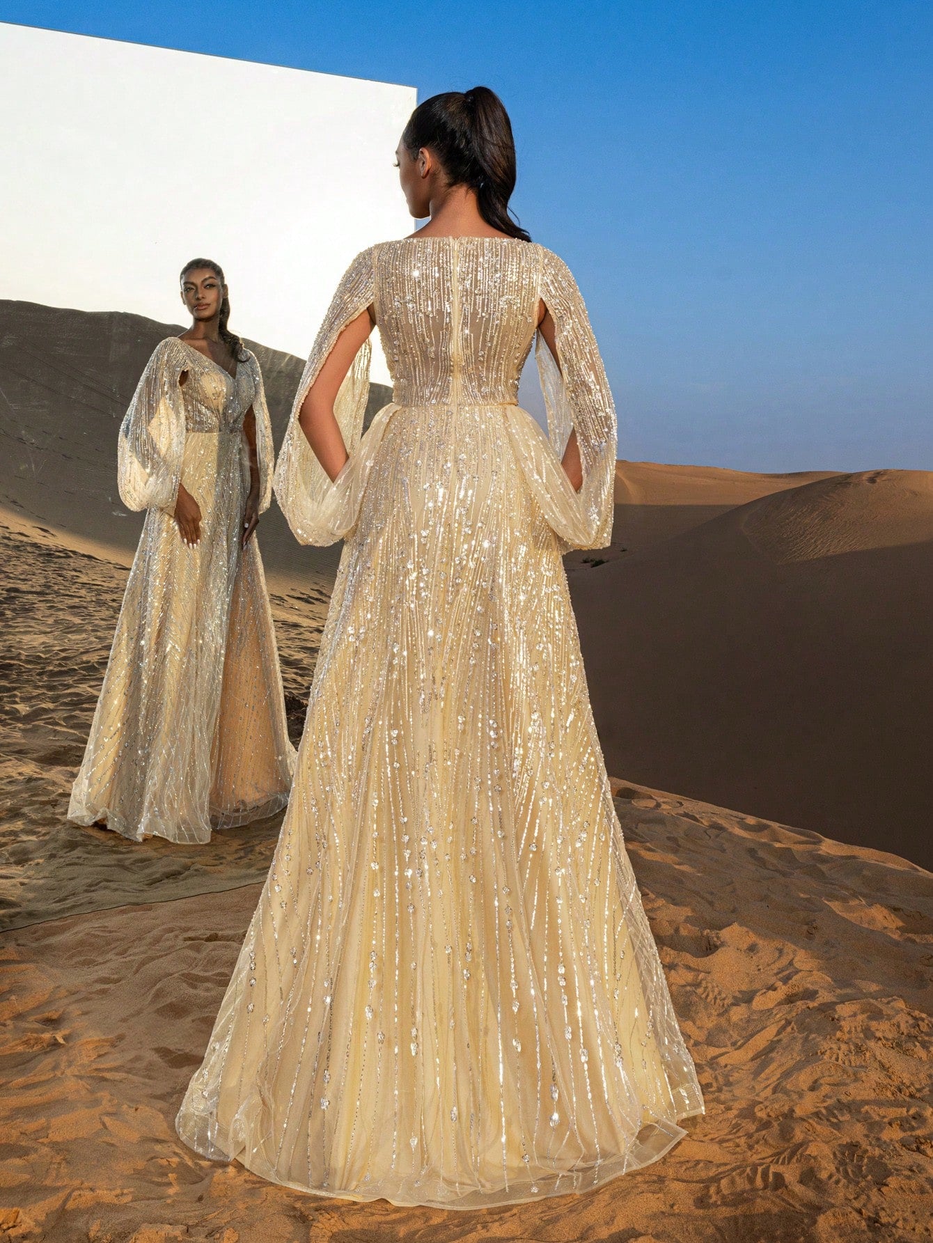 Gorgeous Plunging Neck Split Sleeves Beaded Formal Dresses & Evening Gowns