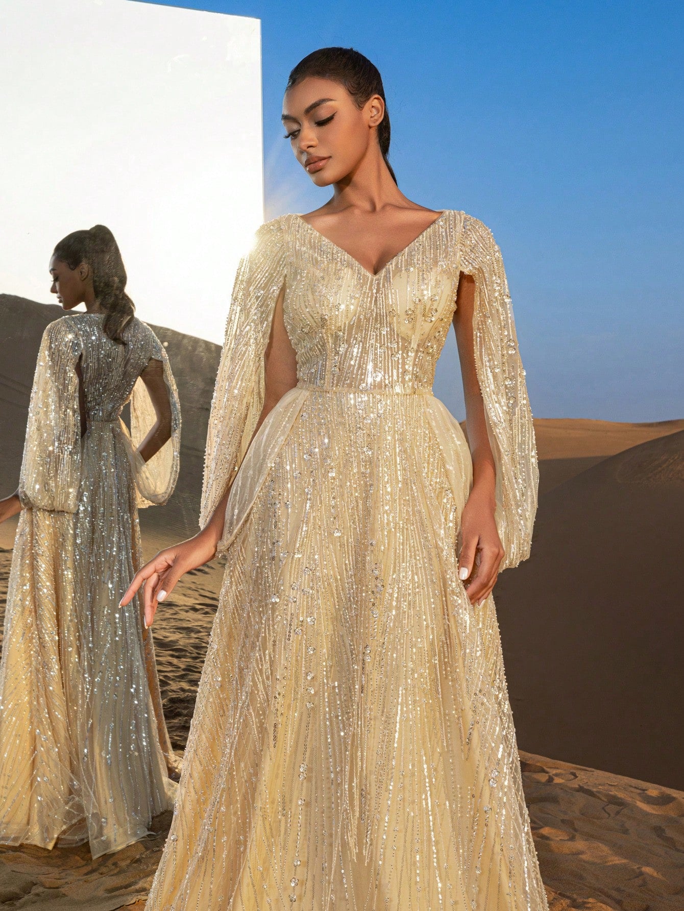 Gorgeous Plunging Neck Split Sleeves Beaded Formal Dresses & Evening Gowns