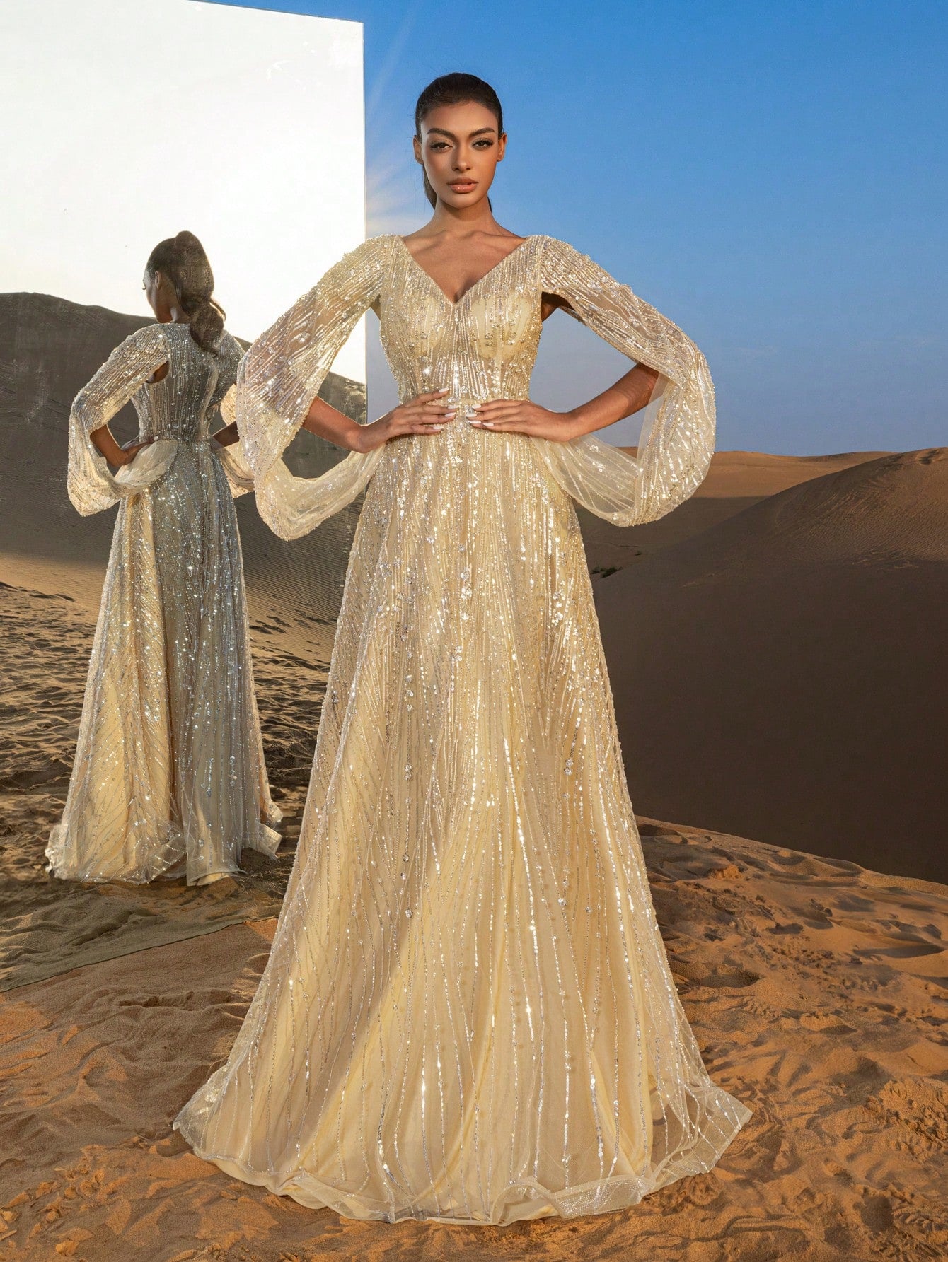 Gorgeous Plunging Neck Split Sleeves Beaded Formal Dresses & Evening Gowns