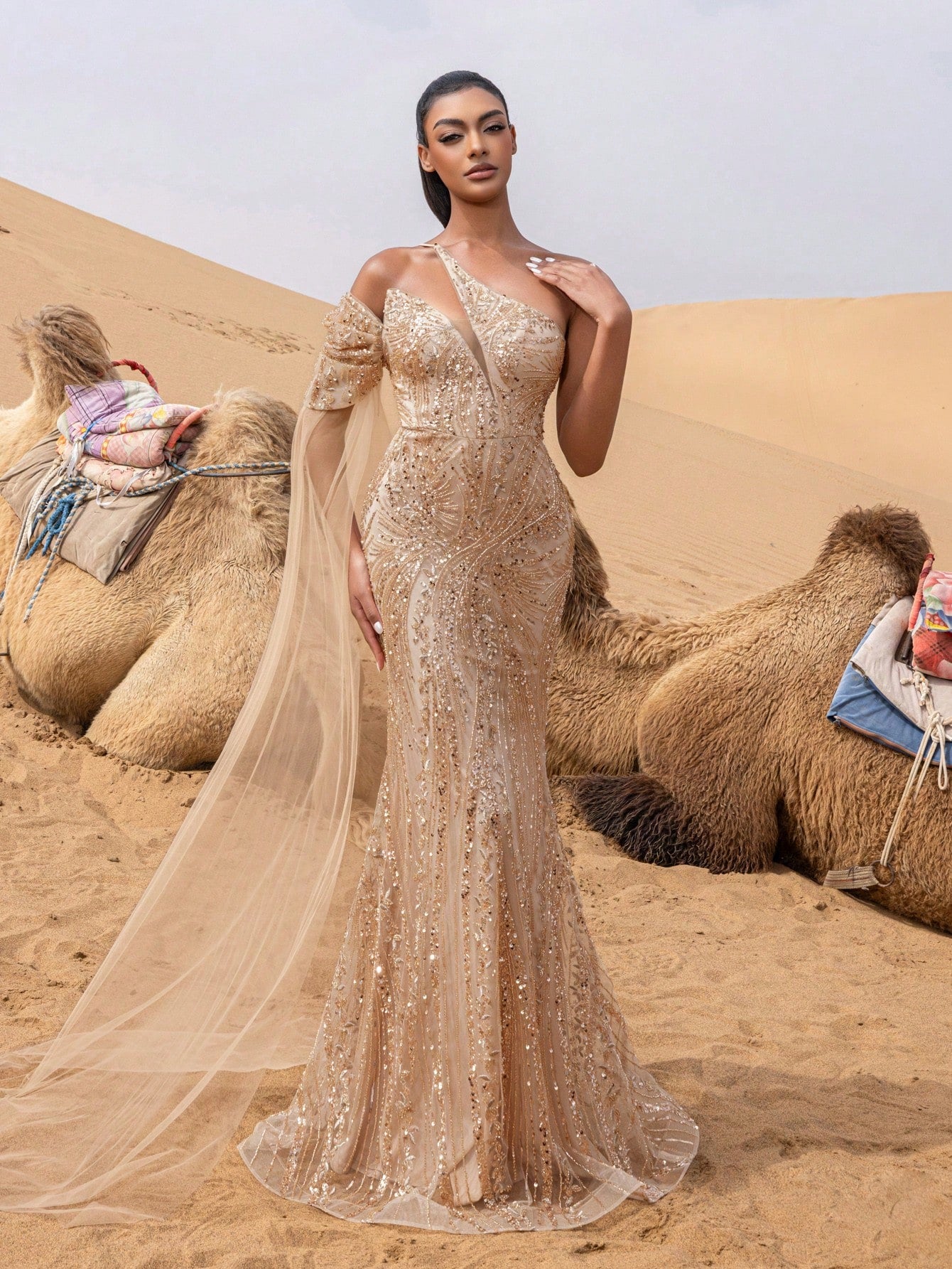 Gorgeous Asymmetrical Neck Mermaid Hem Beaded Formal Dresses & Evening Gowns