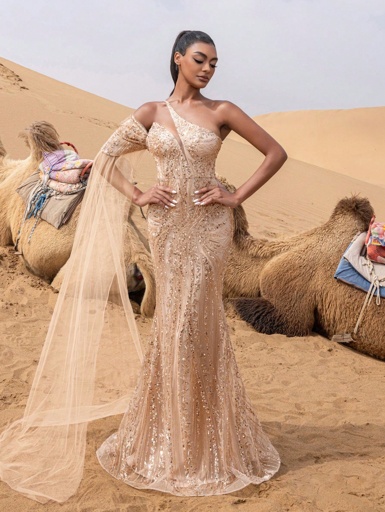Gorgeous Asymmetrical Neck Mermaid Hem Beaded Formal Dresses & Evening Gowns