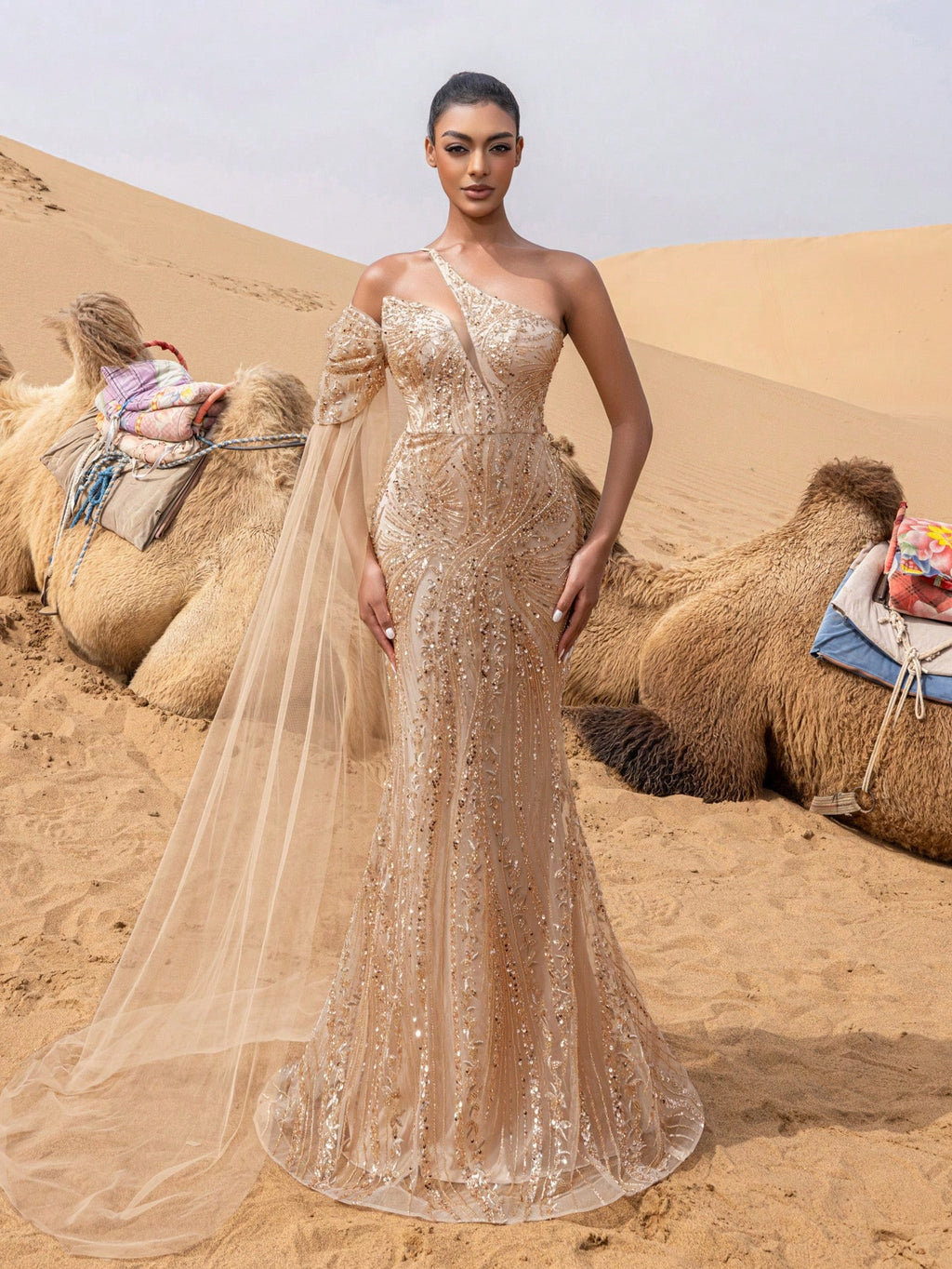 Gorgeous Asymmetrical Neck Mermaid Hem Beaded Formal Dresses & Evening Gowns