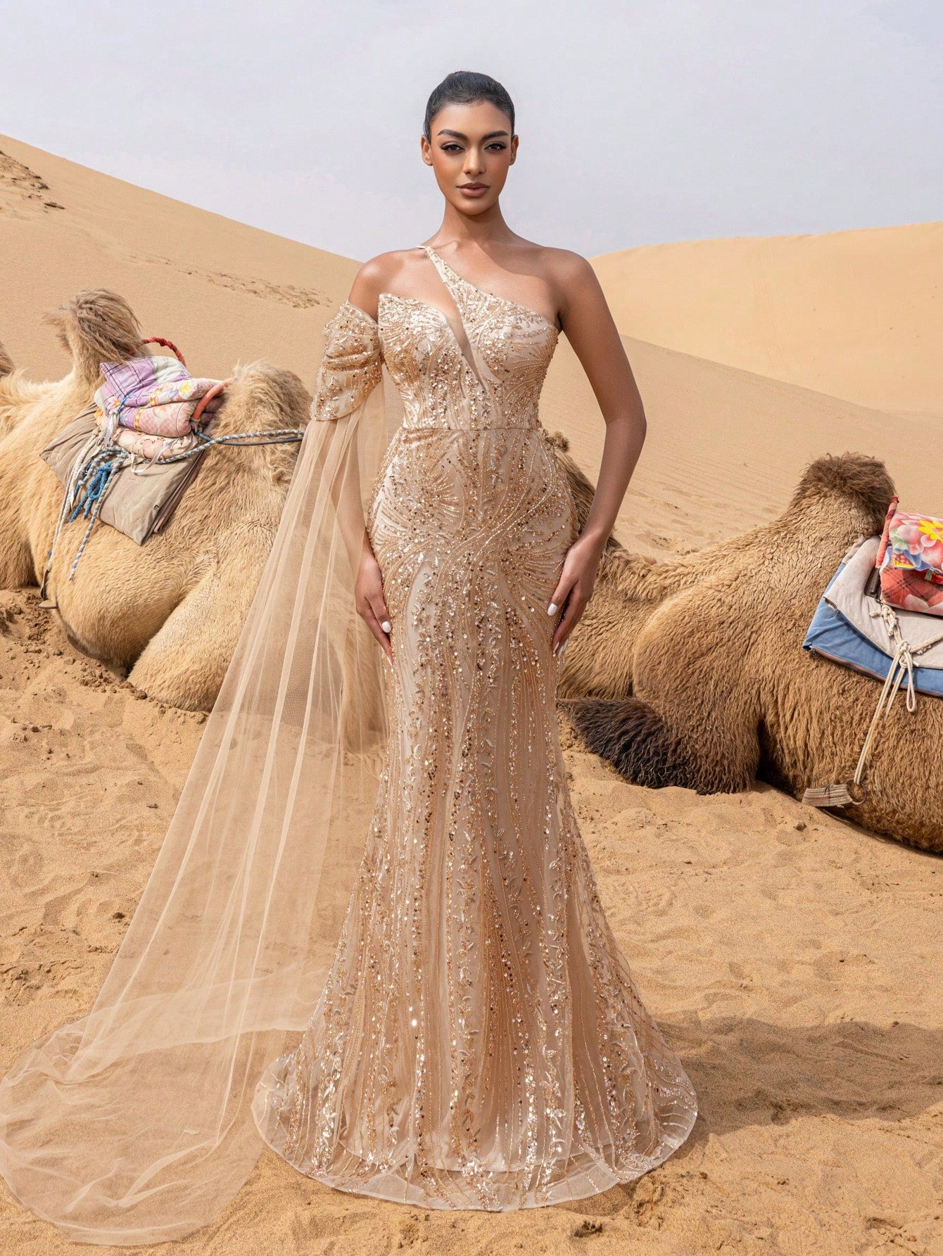 Gorgeous Asymmetrical Neck Mermaid Hem Beaded Formal Dresses & Evening Gowns