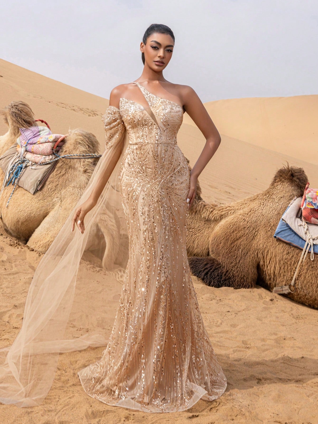 Gorgeous Asymmetrical Neck Mermaid Hem Beaded Formal Dresses & Evening Gowns