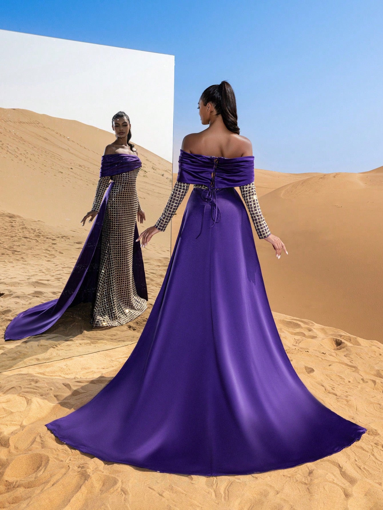 Gorgeous Off Shoulder Mermaid Hem Satin Train Sequin Beaded Formal Dresses & Evening Gowns