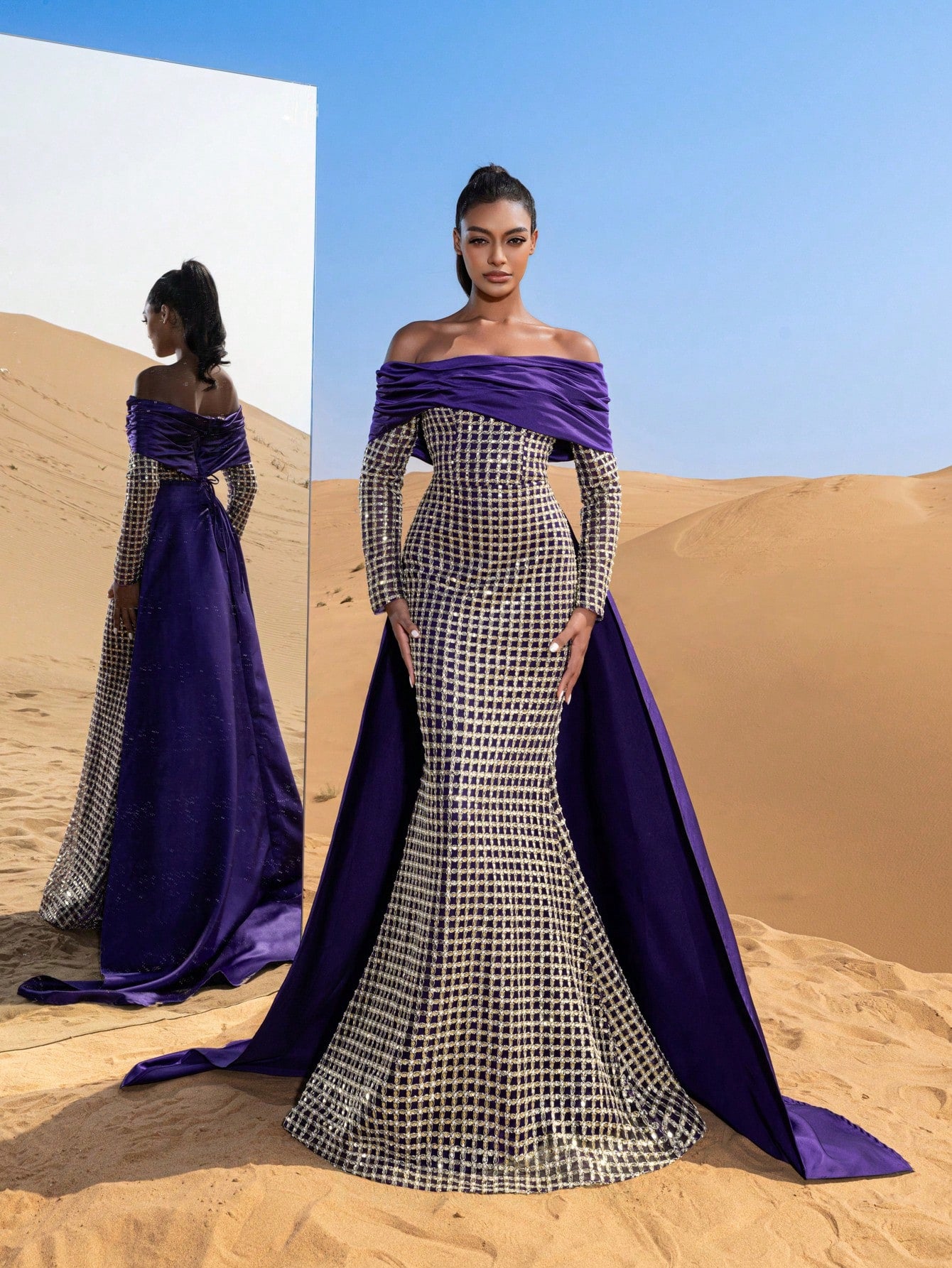 Gorgeous Off Shoulder Mermaid Hem Satin Train Sequin Beaded Formal Dresses & Evening Gowns