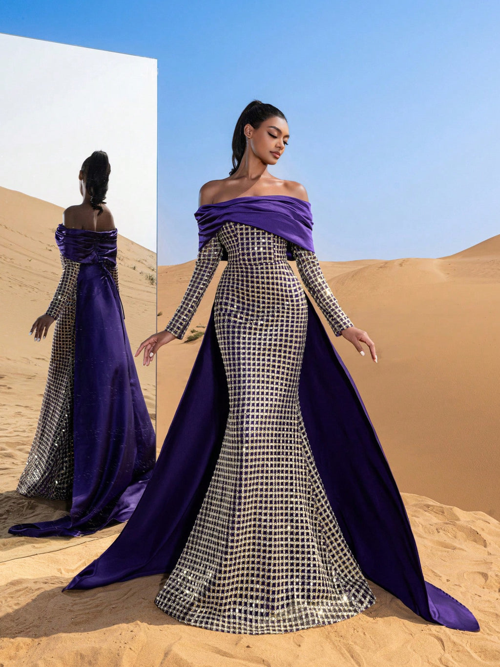Gorgeous Off Shoulder Mermaid Hem Satin Train Sequin Beaded Formal Dresses & Evening Gowns