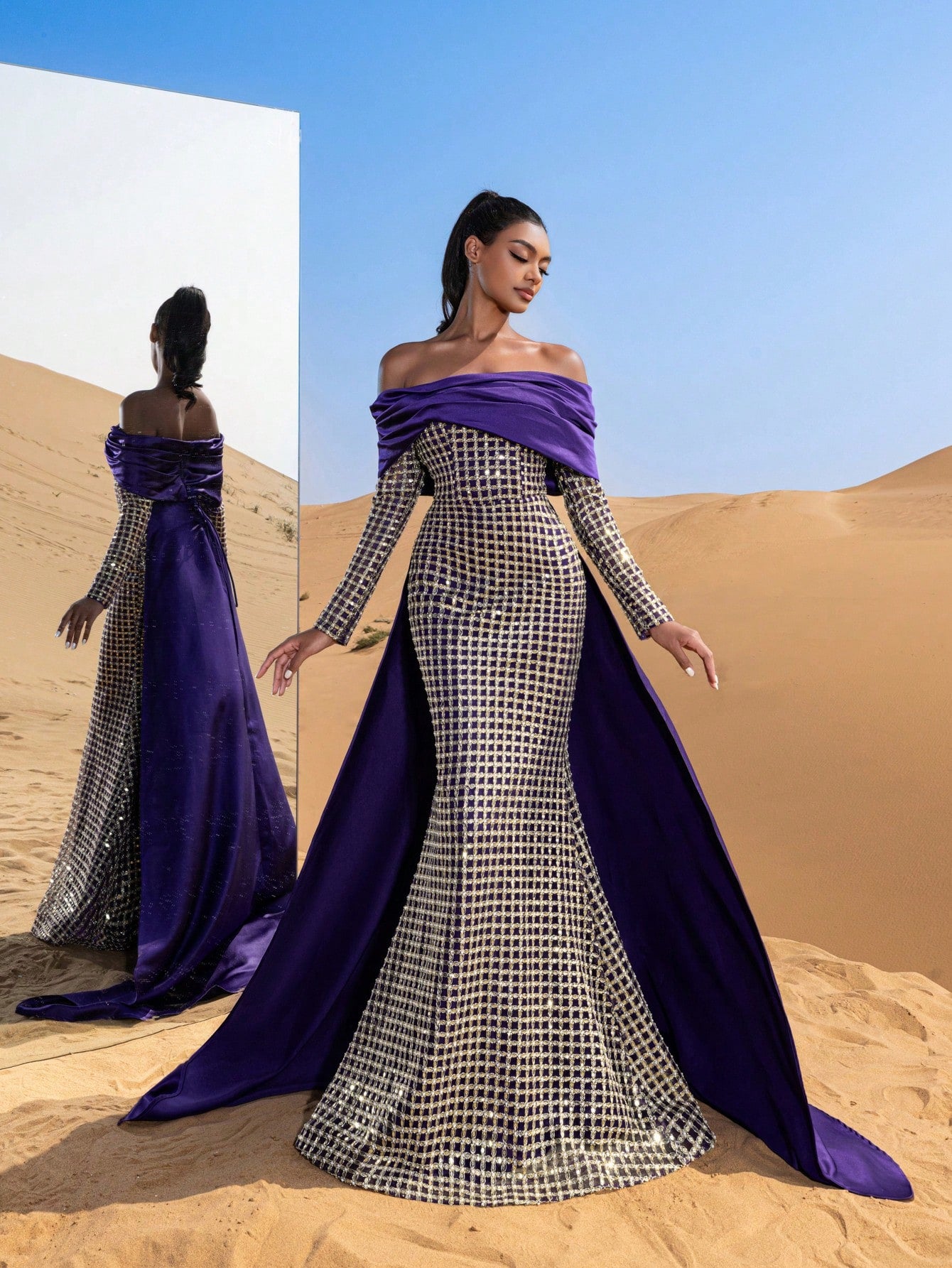 Gorgeous Off Shoulder Mermaid Hem Satin Train Sequin Beaded Formal Dresses & Evening Gowns