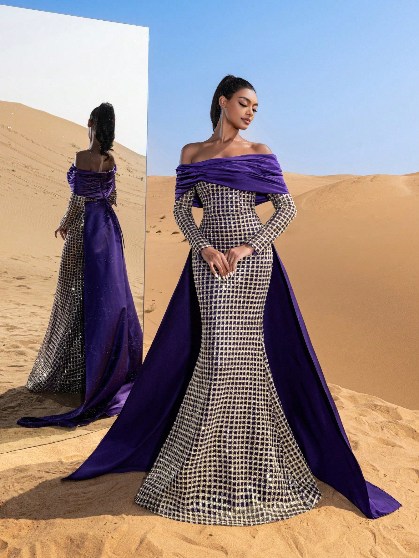 Gorgeous Off Shoulder Mermaid Hem Satin Train Sequin Beaded Formal Dresses & Evening Gowns
