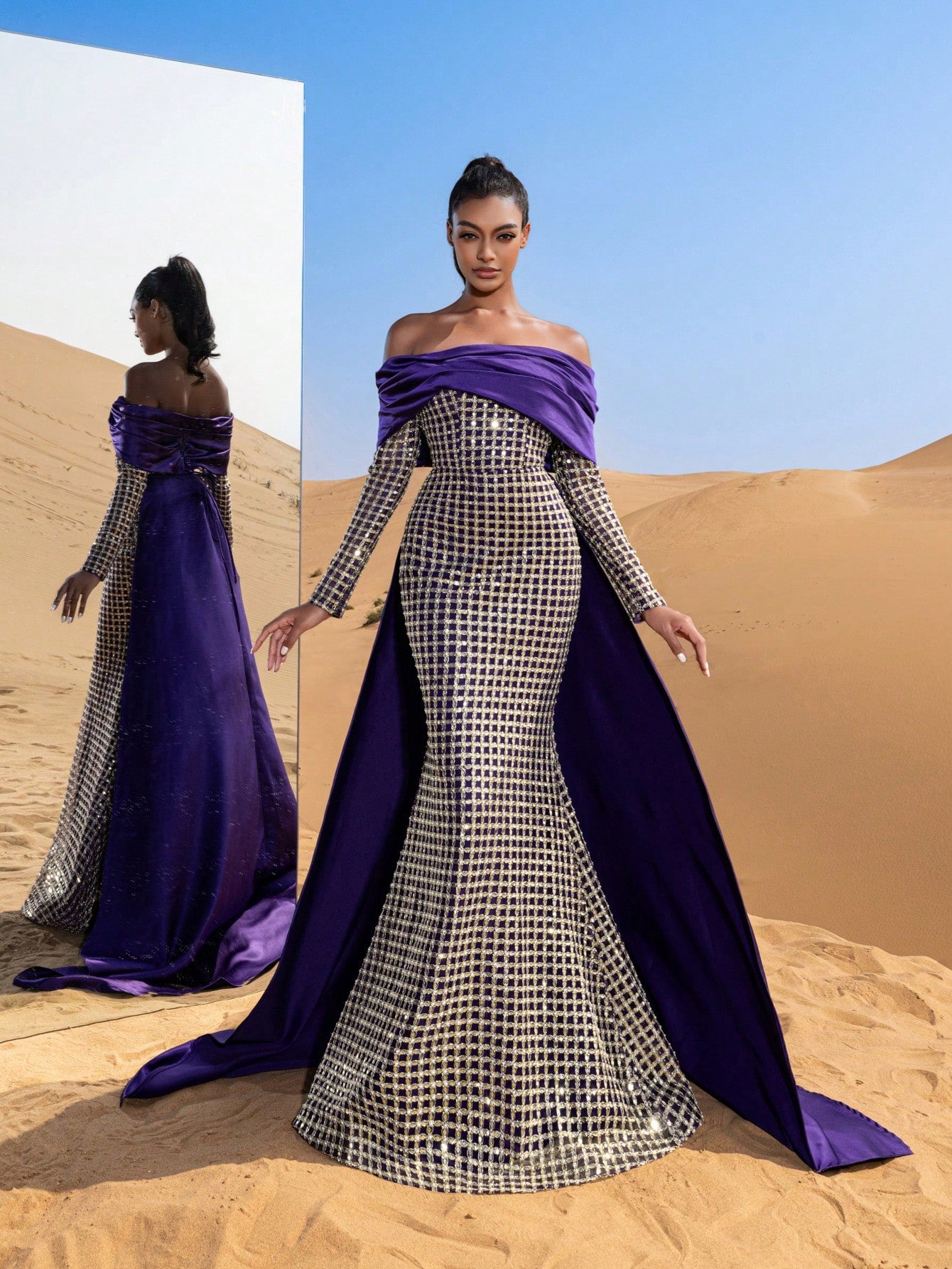Gorgeous Off Shoulder Mermaid Hem Satin Train Sequin Beaded Formal Dresses & Evening Gowns