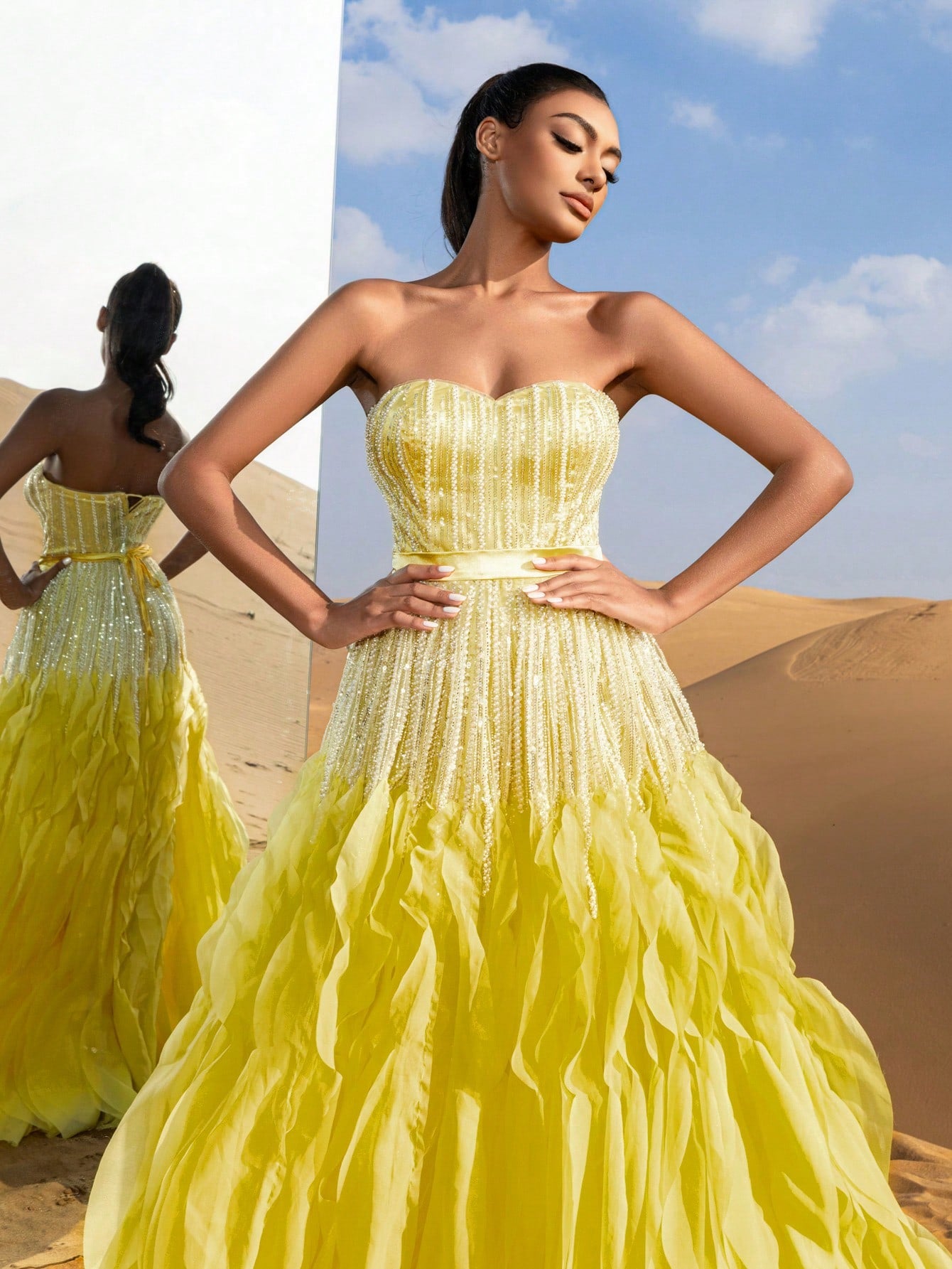 Gorgeous Strapless Ruffle Layered Hem Beaded Formal Dresses & Evening Gowns