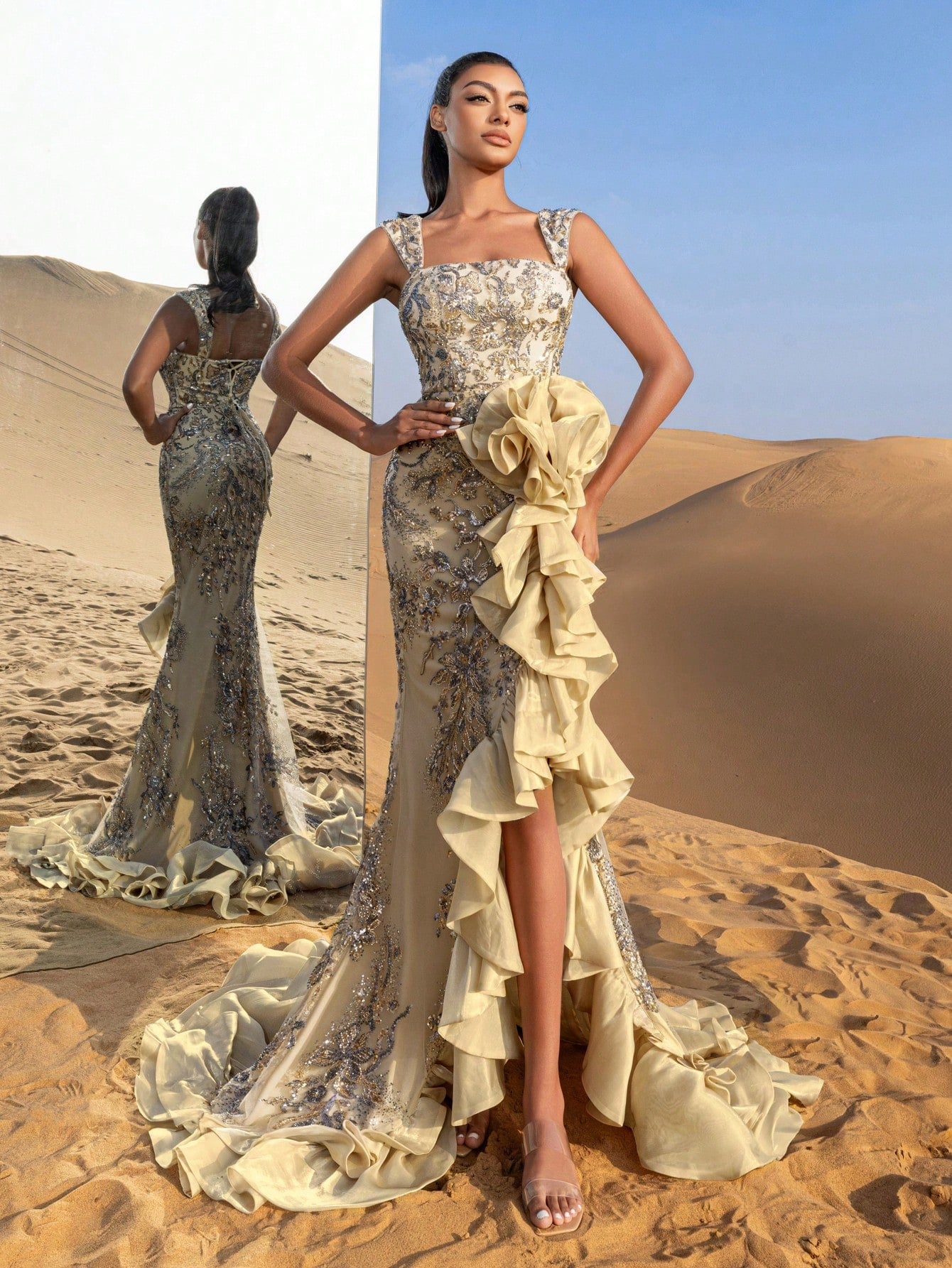 Gorgeous Ruffle Trim Mermaid Hem Floral Sequined Beaded Formal Dresses & Evening Gowns