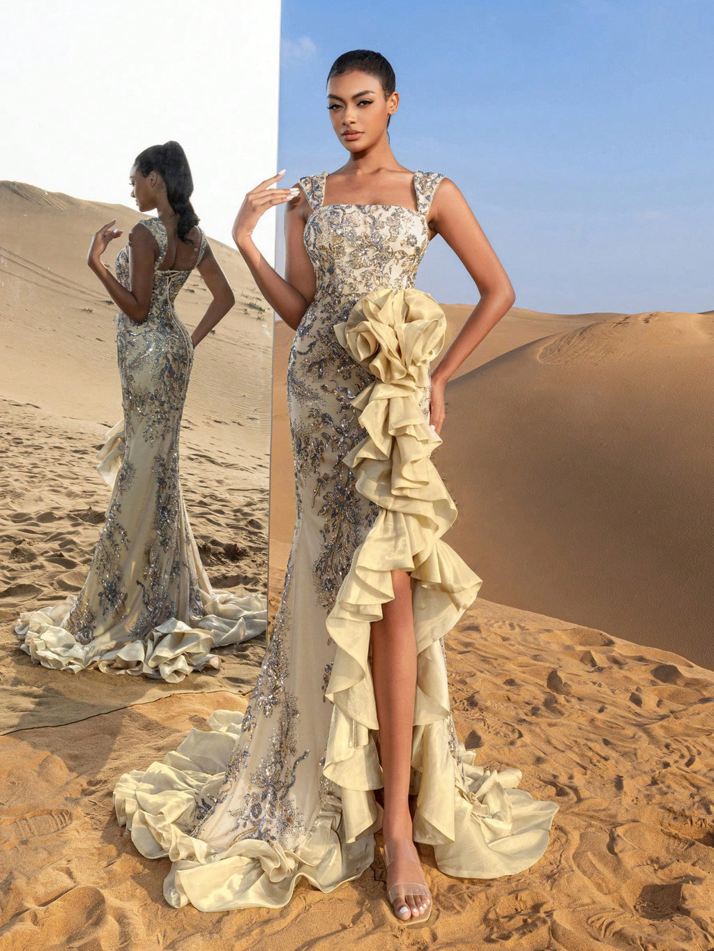 Gorgeous Ruffle Trim Mermaid Hem Floral Sequined Beaded Formal Dresses & Evening Gowns