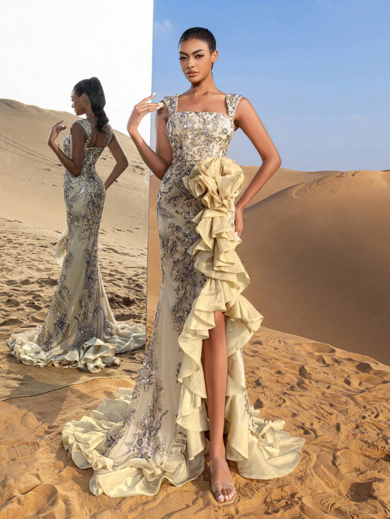 Gorgeous Ruffle Trim Mermaid Hem Floral Sequined Beaded Formal Dresses & Evening Gowns
