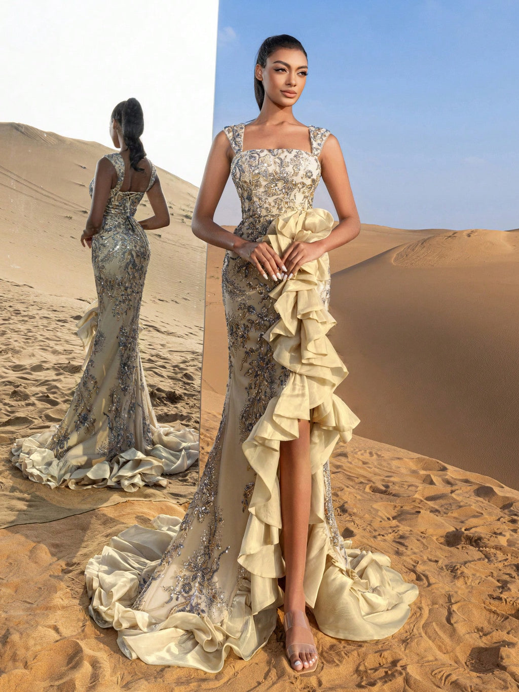 Gorgeous Ruffle Trim Mermaid Hem Floral Sequined Beaded Formal Dresses & Evening Gowns