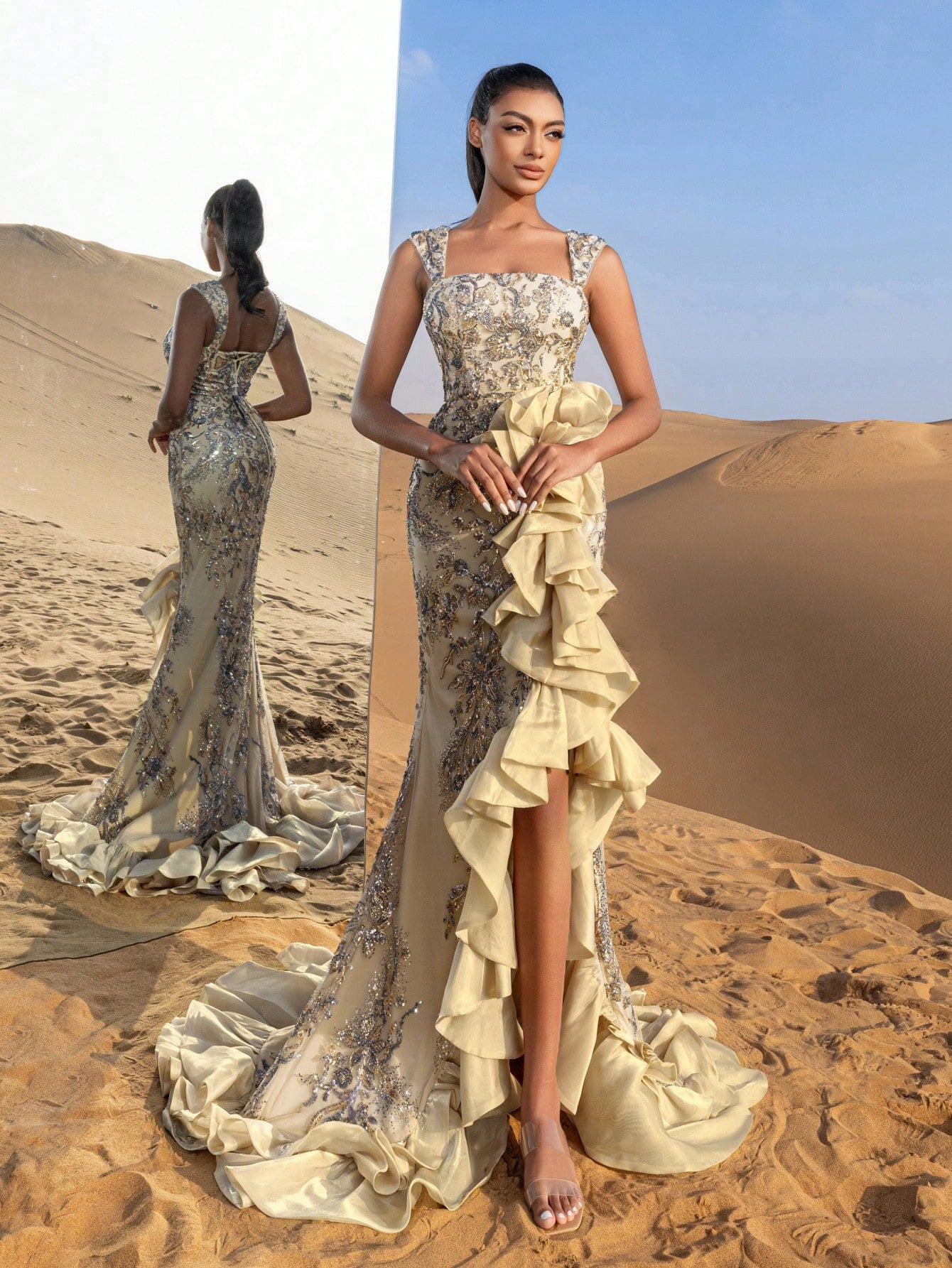 Gorgeous Ruffle Trim Mermaid Hem Floral Sequined Beaded Formal Dresses & Evening Gowns