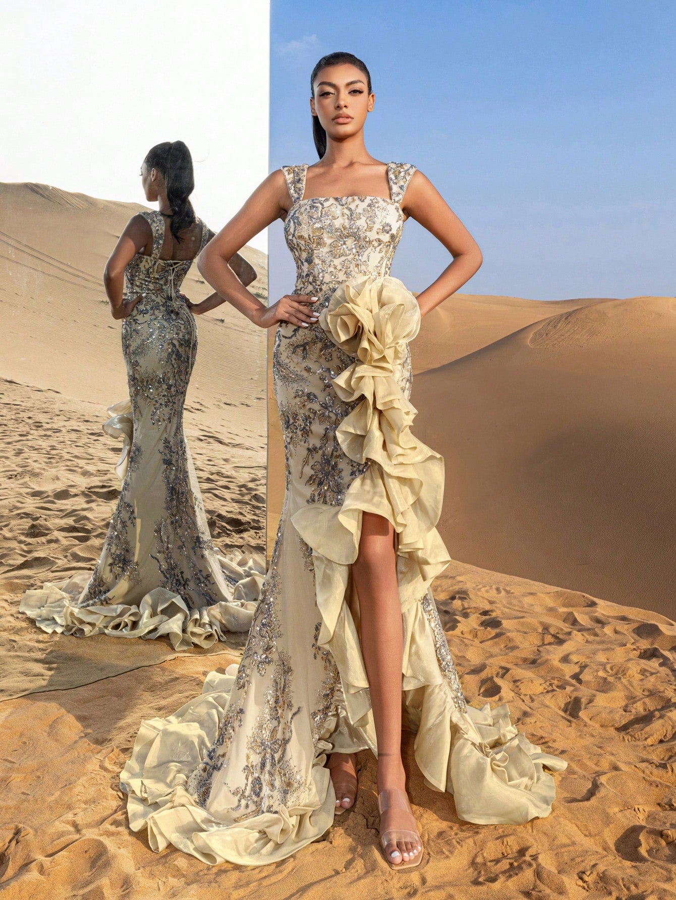 Gorgeous Ruffle Trim Mermaid Hem Floral Sequined Beaded Formal Dresses & Evening Gowns