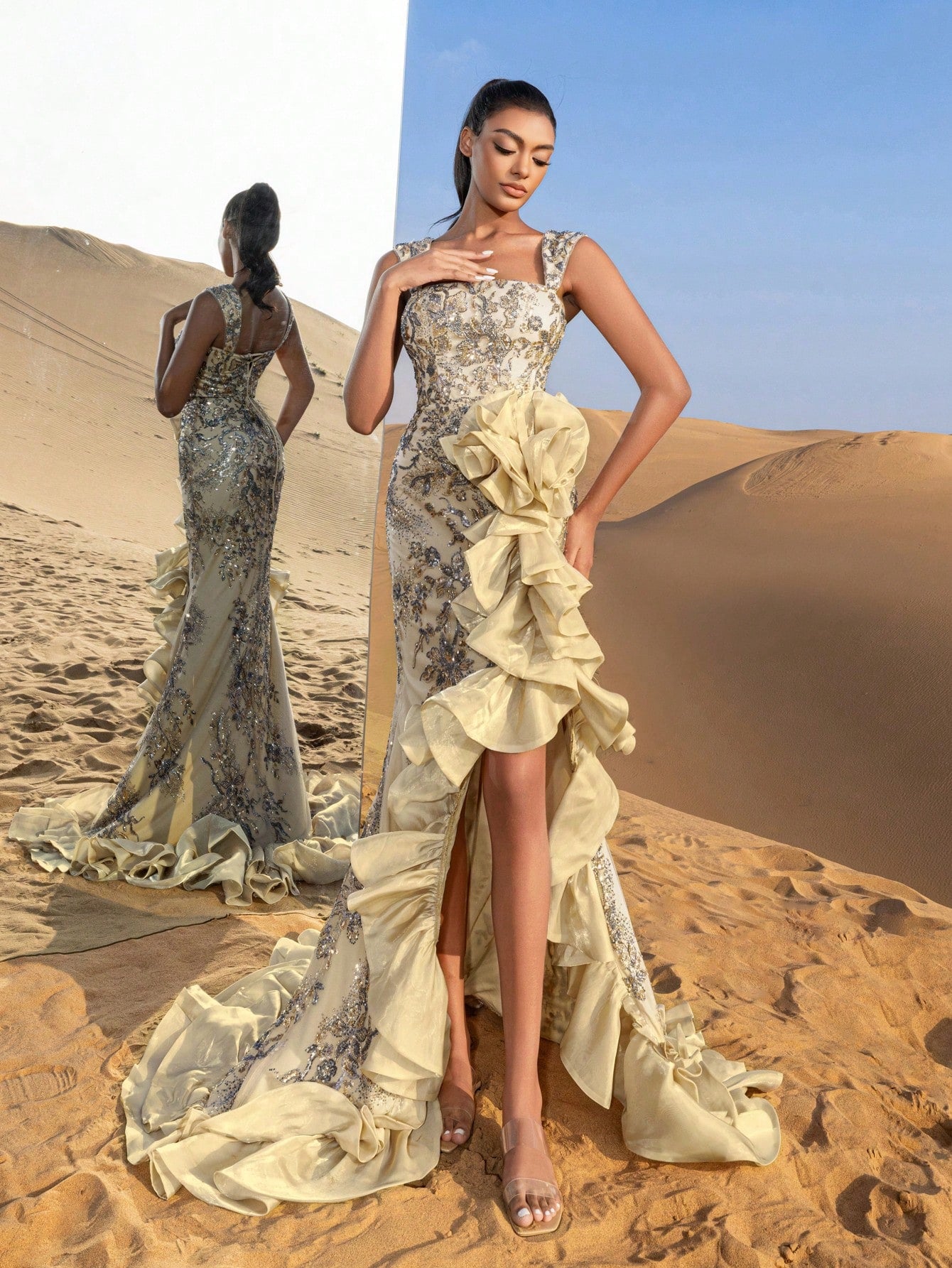 Gorgeous Ruffle Trim Mermaid Hem Floral Sequined Beaded Formal Dresses & Evening Gowns