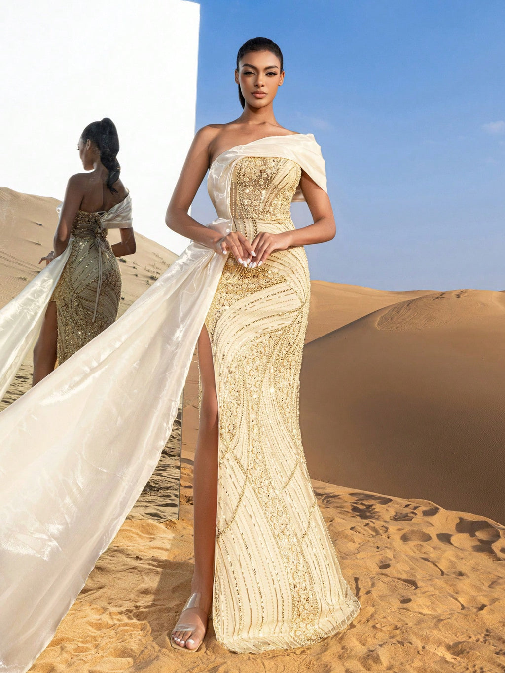 Gorgeous Strapless Split Mermaid Hem Floral Beaded Formal Dresses & Evening Gowns