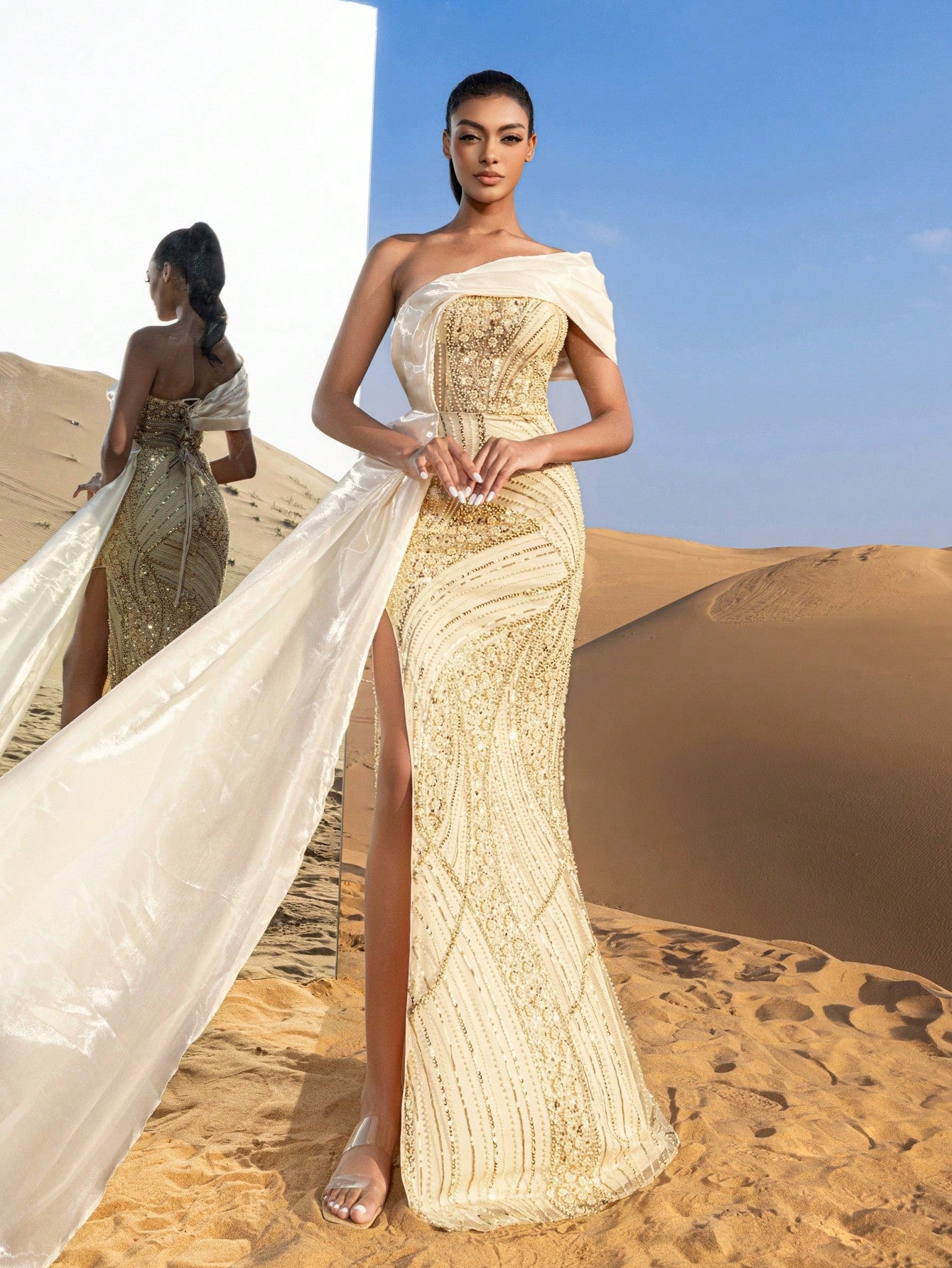 Gorgeous Strapless Split Mermaid Hem Floral Beaded Formal Dresses & Evening Gowns