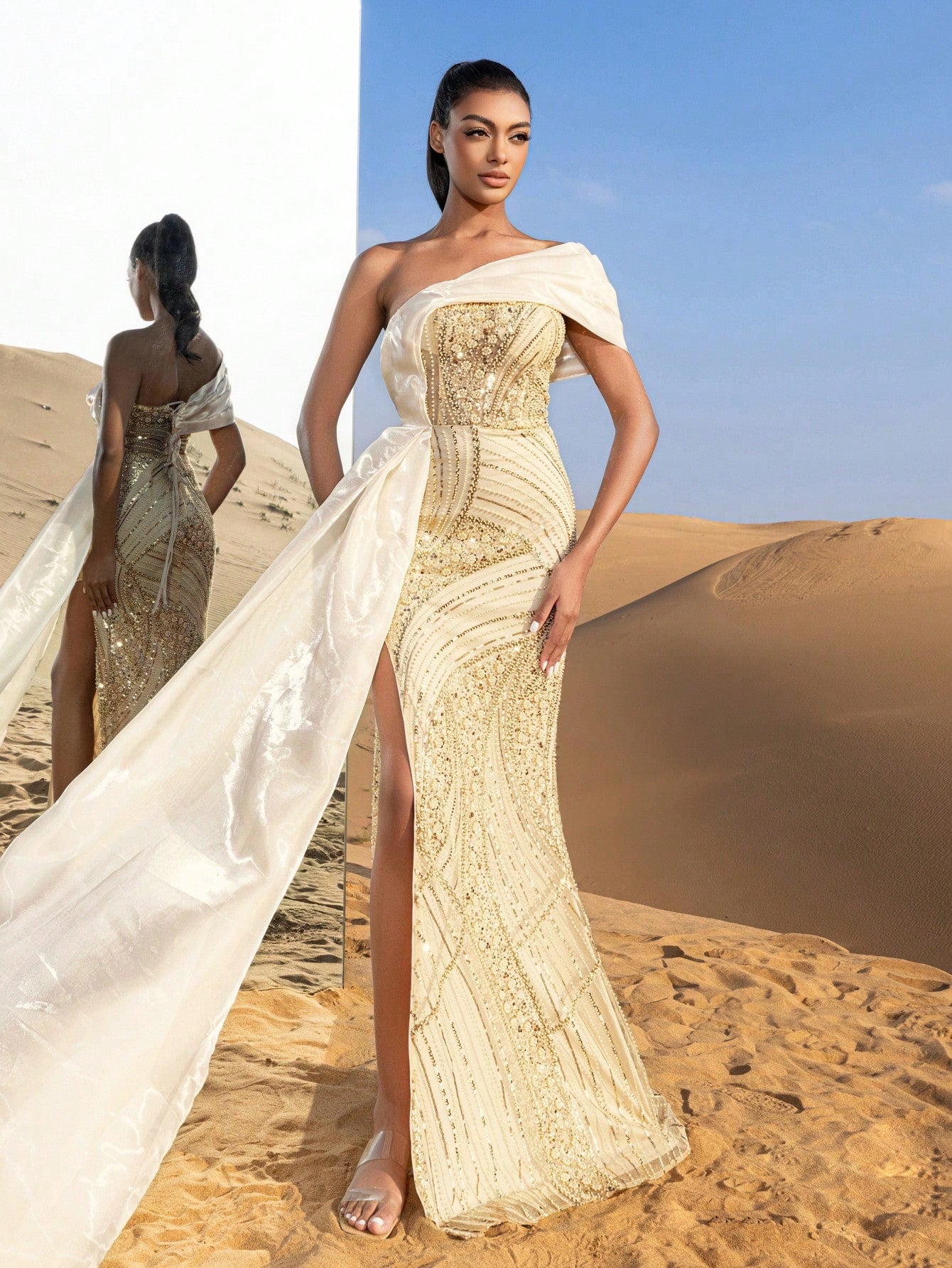Gorgeous Strapless Split Mermaid Hem Floral Beaded Formal Dresses & Evening Gowns