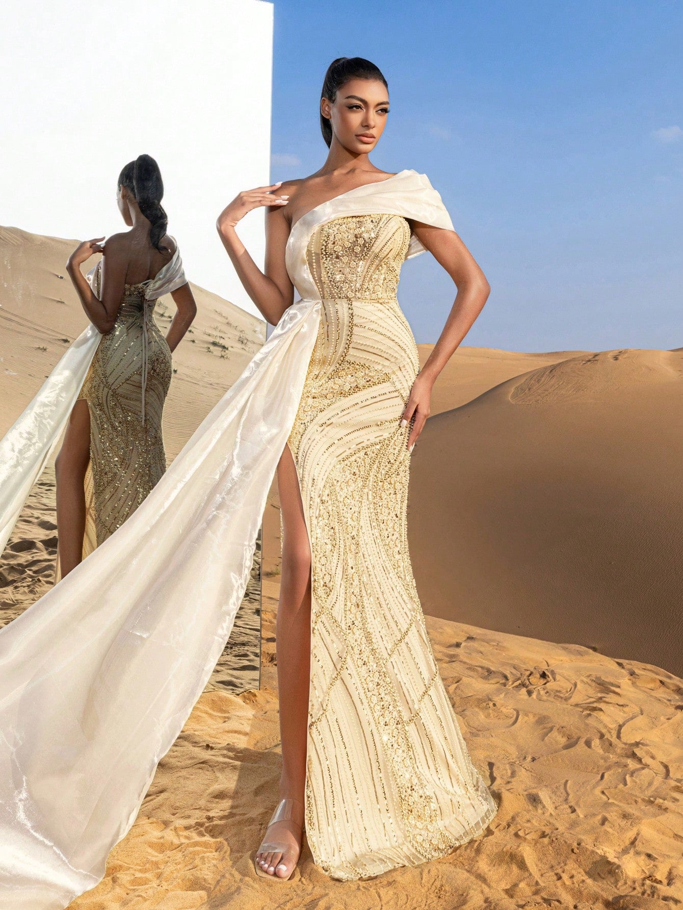 Gorgeous Strapless Split Mermaid Hem Floral Beaded Formal Dresses & Evening Gowns