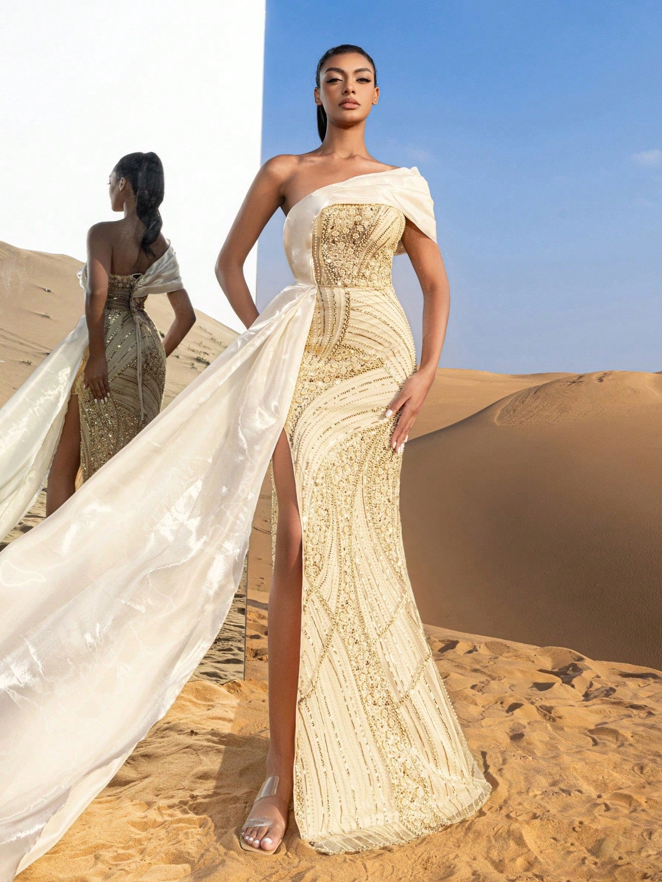 Gorgeous Strapless Split Mermaid Hem Floral Beaded Formal Dresses & Evening Gowns