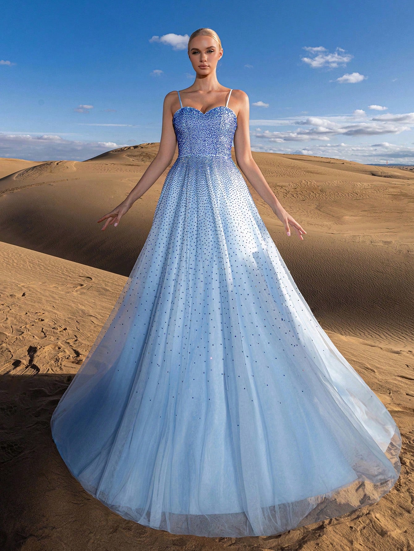 Gorgeous Ombre Rhinestone Detail Lace Up Back Slip Prom Dress