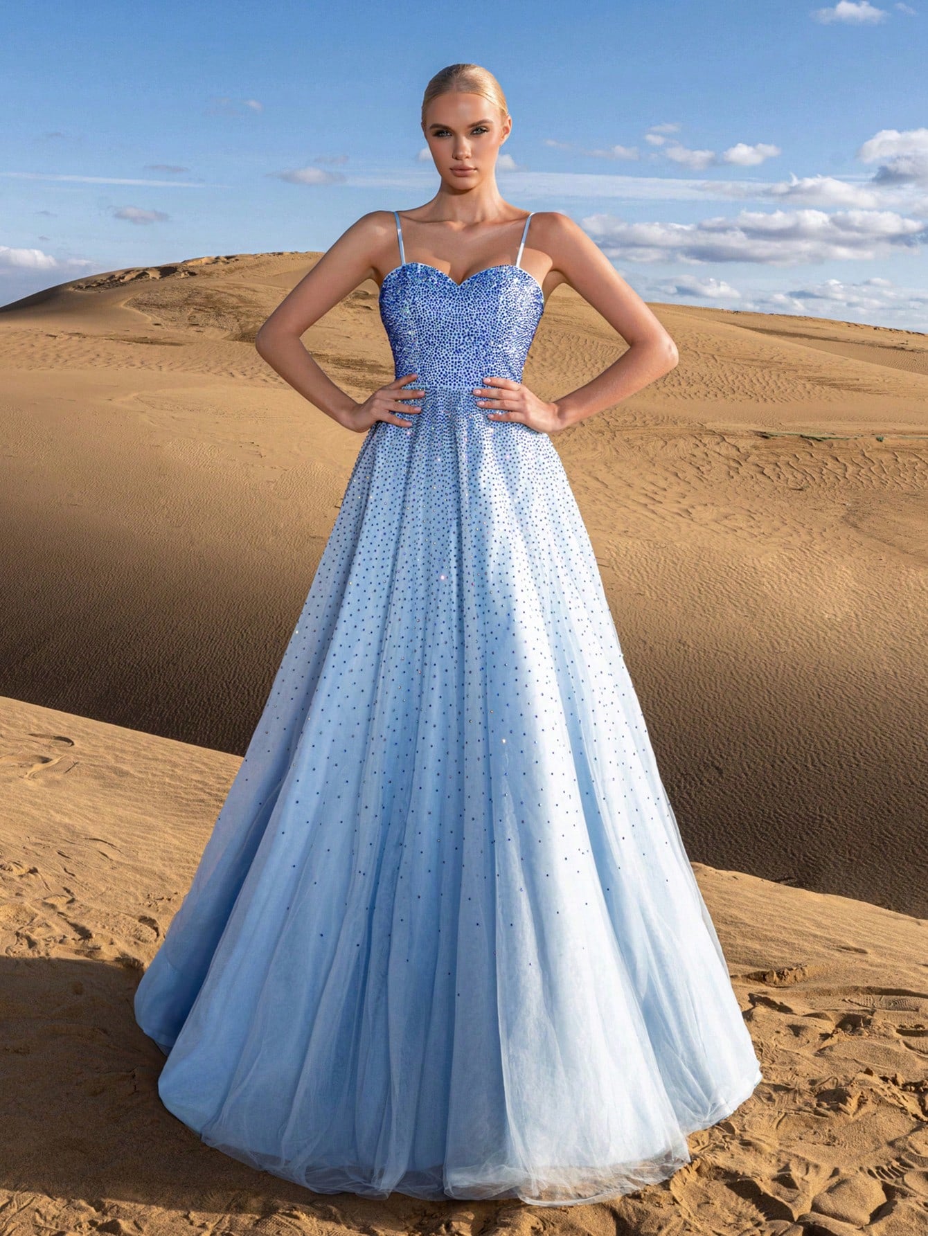 Gorgeous Ombre Rhinestone Detail Lace Up Back Slip Prom Dress