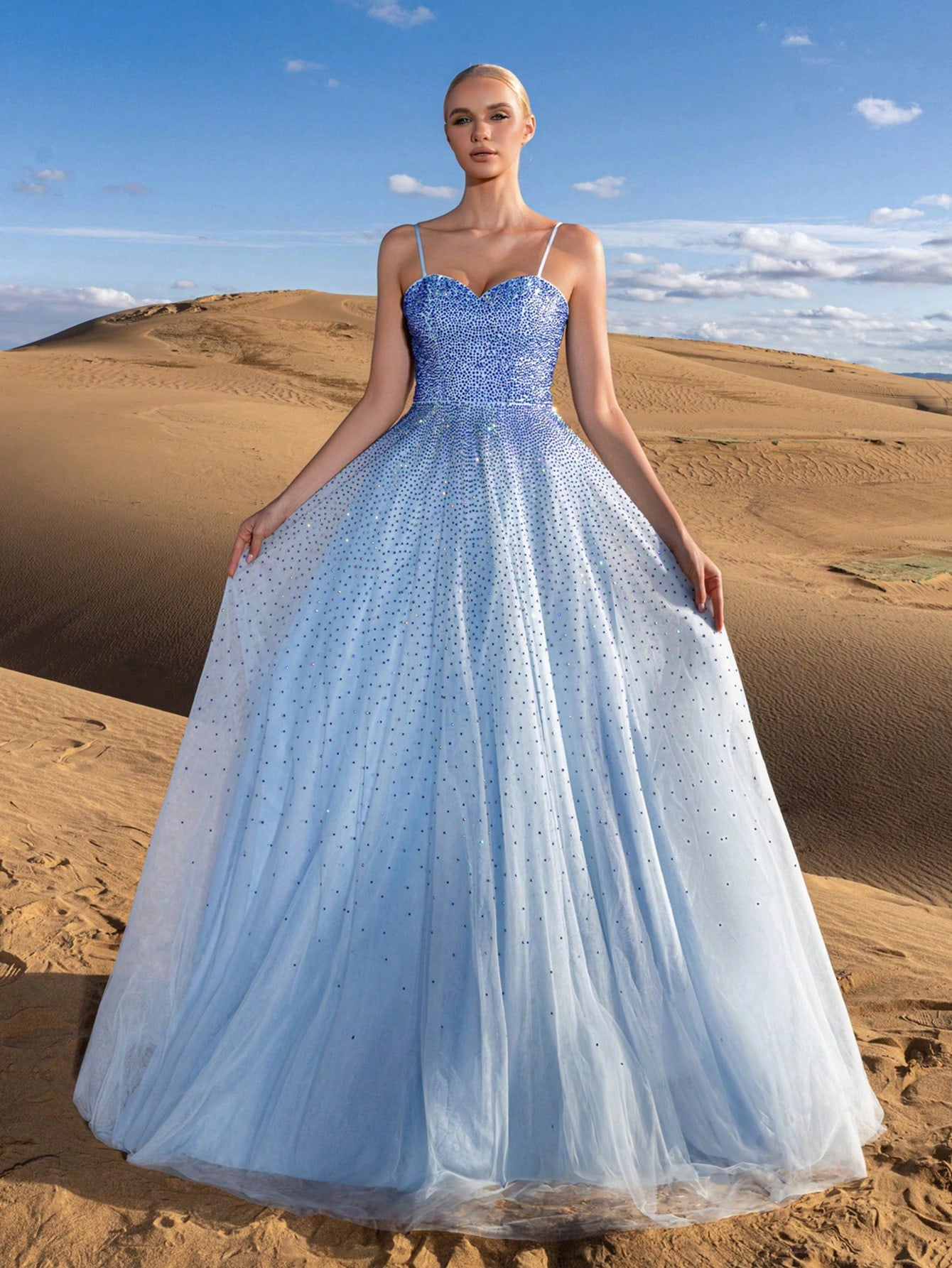 Gorgeous Ombre Rhinestone Detail Lace Up Back Slip Prom Dress