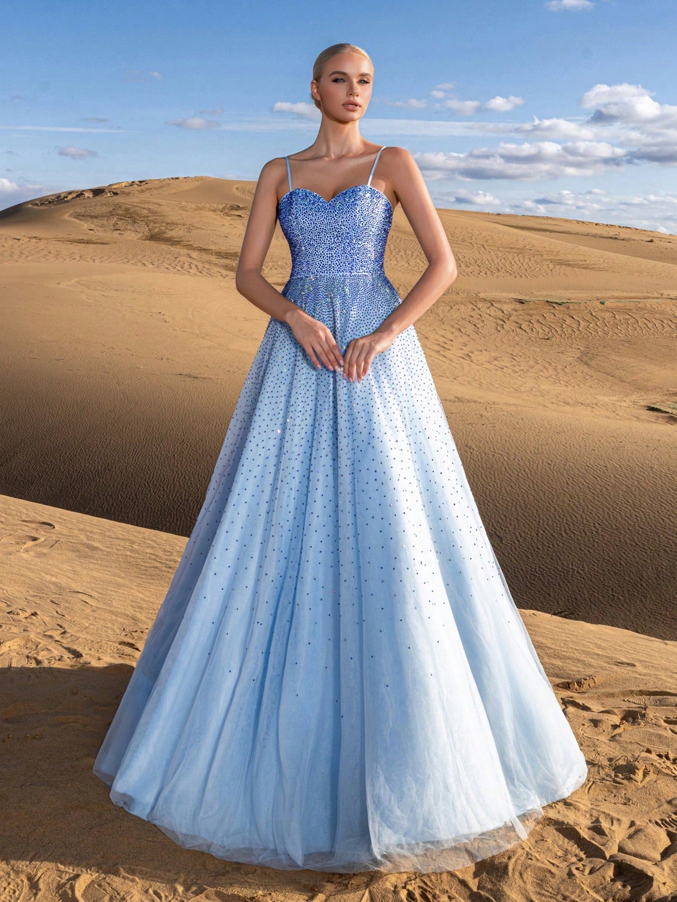Gorgeous Ombre Rhinestone Detail Lace Up Back Slip Prom Dress