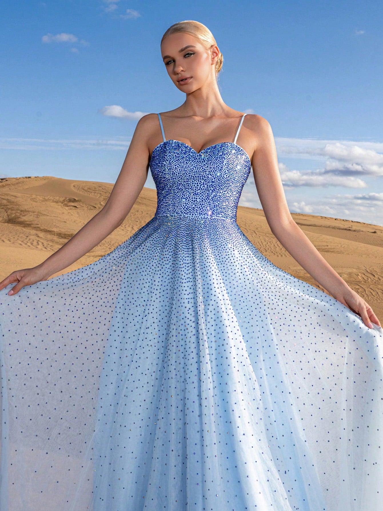 Gorgeous Ombre Rhinestone Detail Lace Up Back Slip Prom Dress