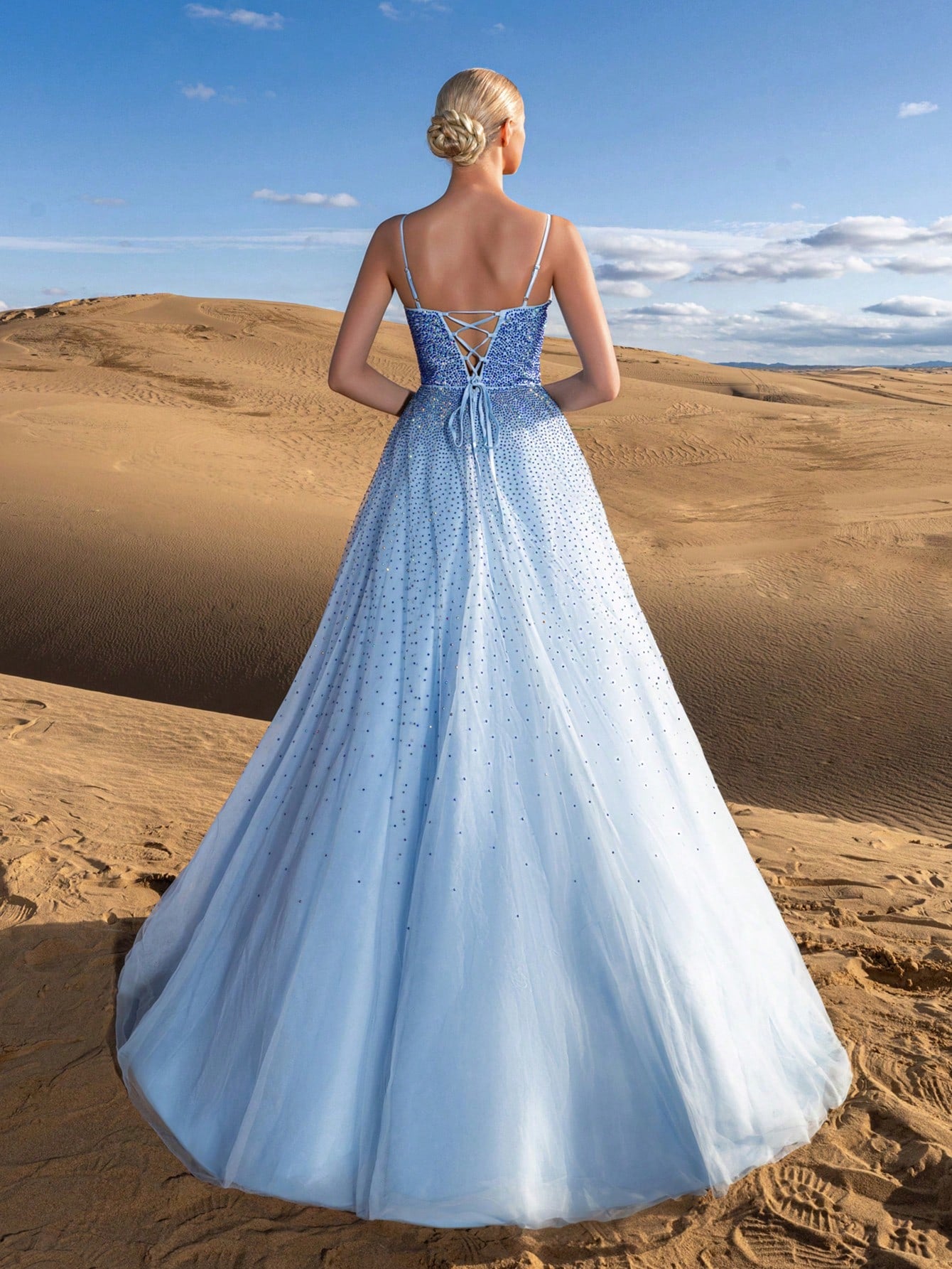 Gorgeous Ombre Rhinestone Detail Lace Up Back Slip Prom Dress