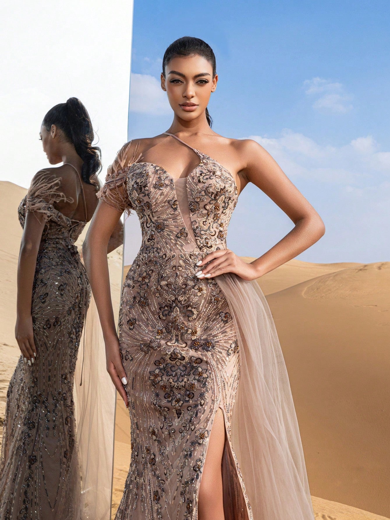 Gorgeous Asymmetrical Neck Draped Side Mermaid Hem Graphic Beaded Formal Dresses & Evening Gowns