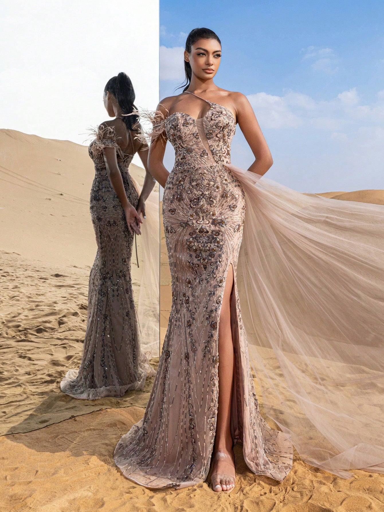 Gorgeous Asymmetrical Neck Draped Side Mermaid Hem Graphic Beaded Formal Dresses & Evening Gowns