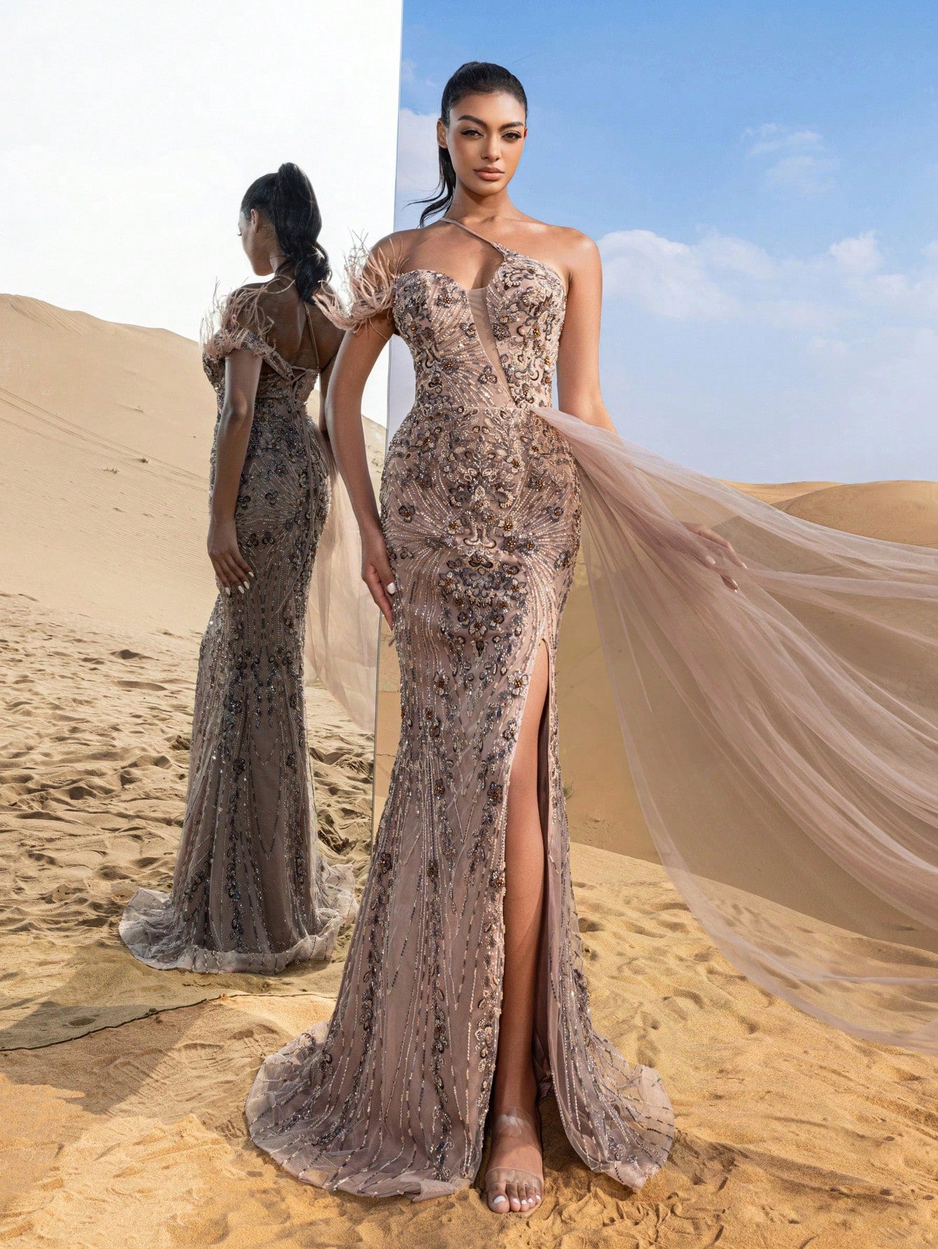 Gorgeous Asymmetrical Neck Draped Side Mermaid Hem Graphic Beaded Formal Dresses & Evening Gowns