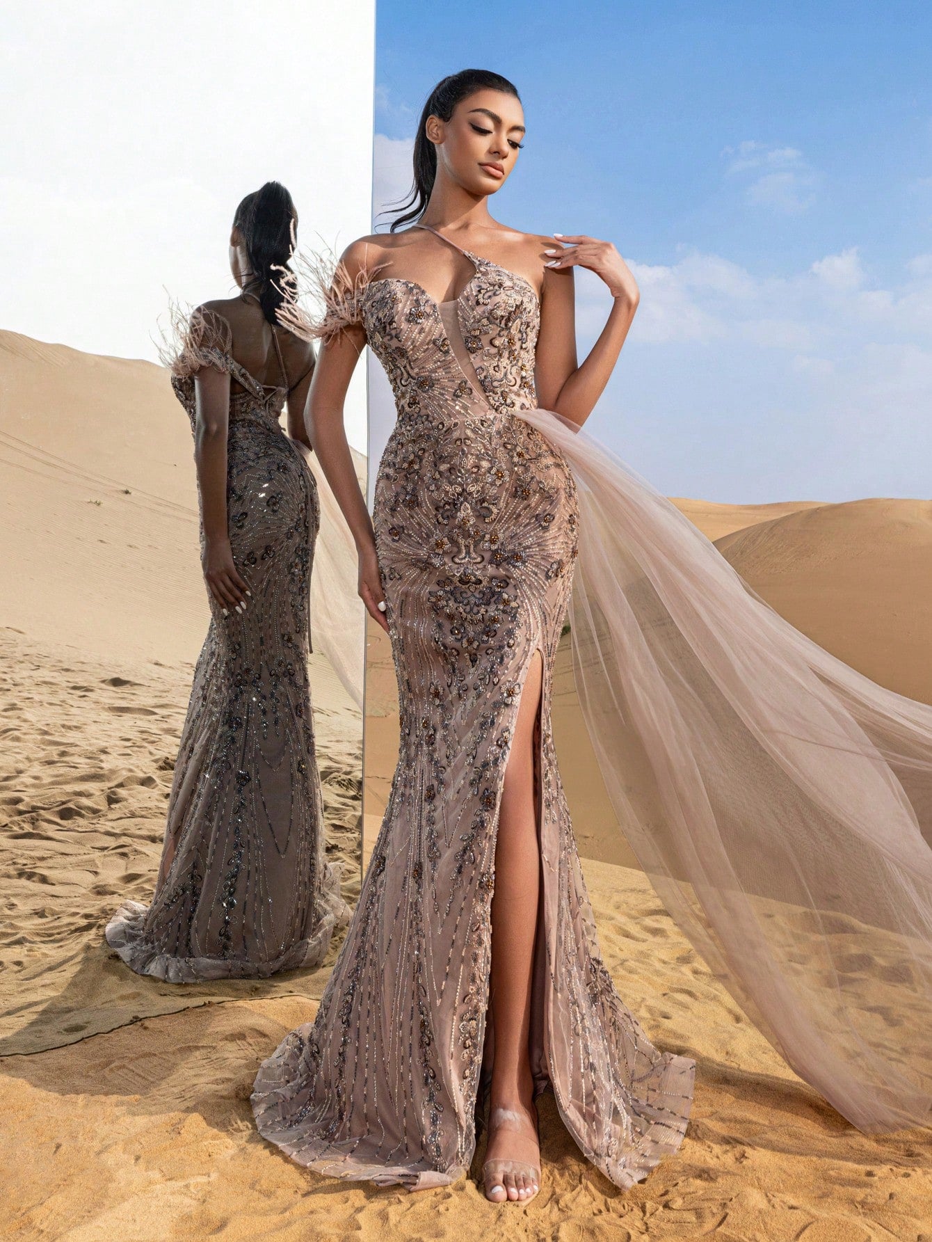 Gorgeous Asymmetrical Neck Draped Side Mermaid Hem Graphic Beaded Formal Dresses & Evening Gowns
