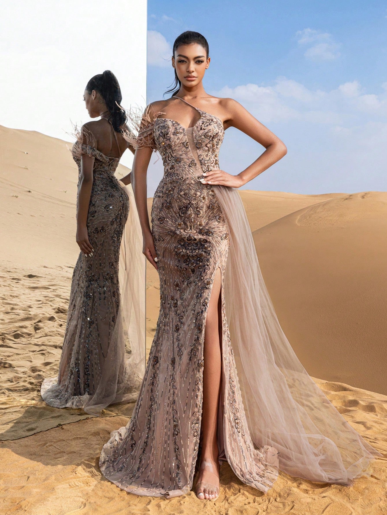 Gorgeous Asymmetrical Neck Draped Side Mermaid Hem Graphic Beaded Formal Dresses & Evening Gowns